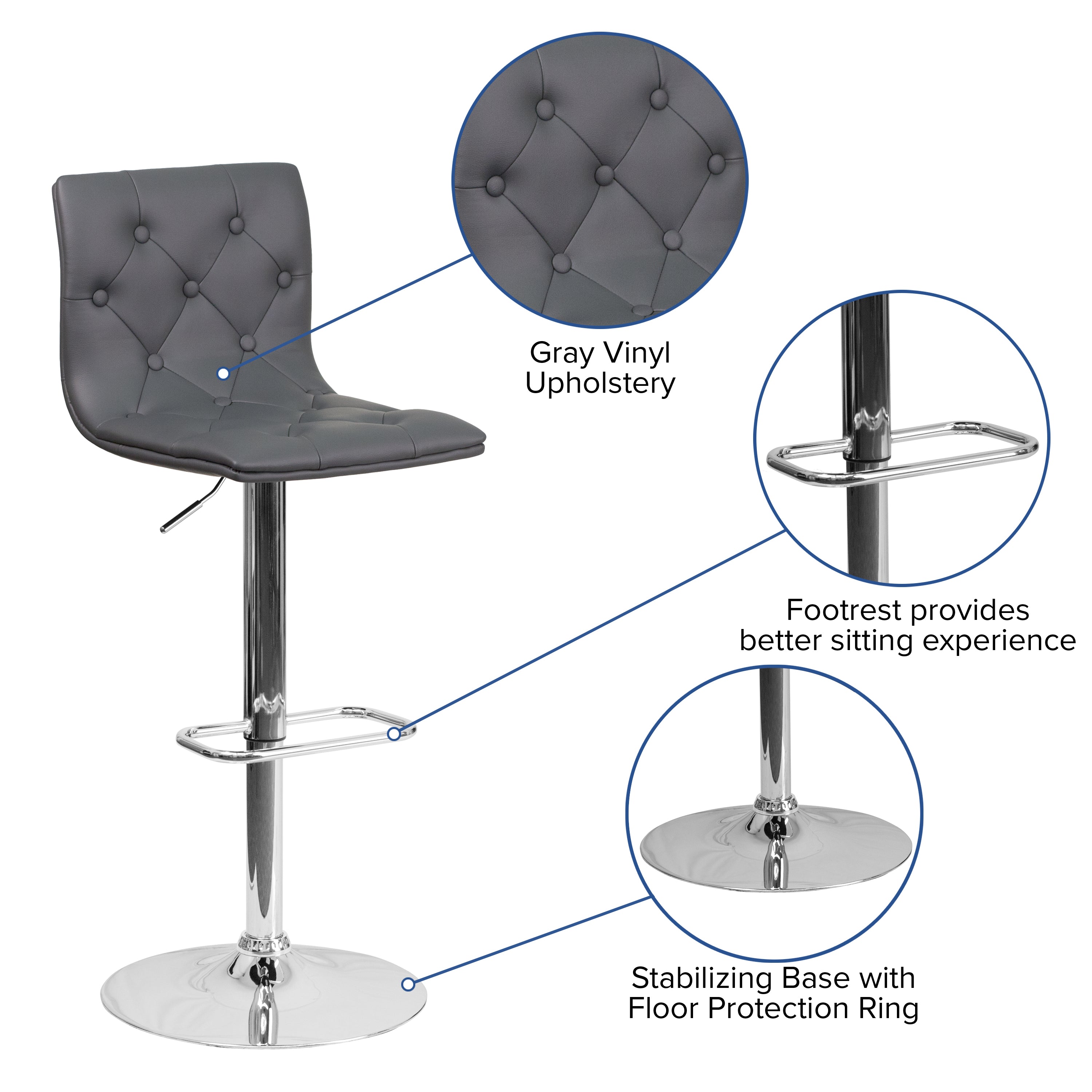 Contemporary Button Tufted Vinyl Adjustable Height Barstool with Chrome Base