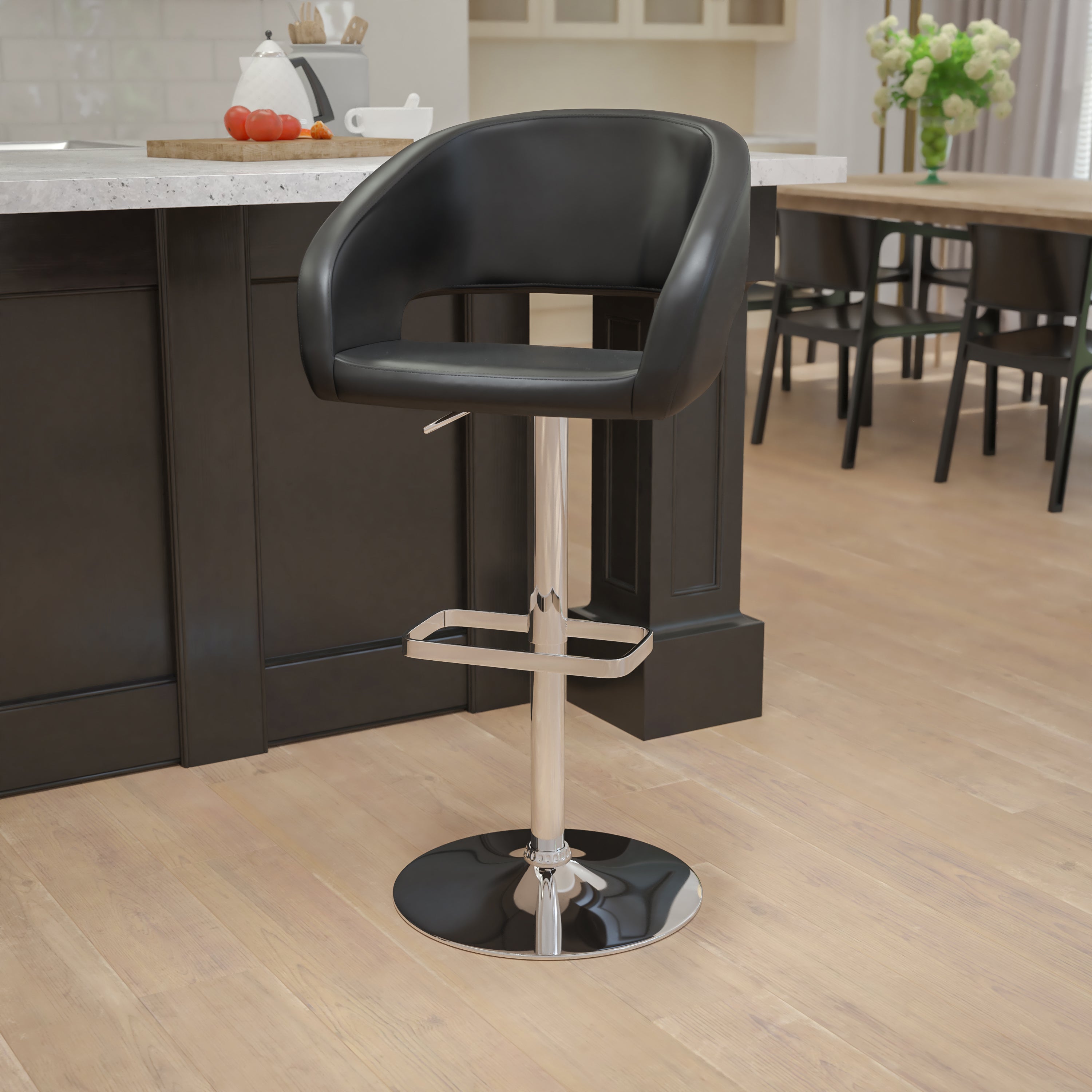 Contemporary Vinyl Adjustable Height Barstool with Rounded Mid-Back