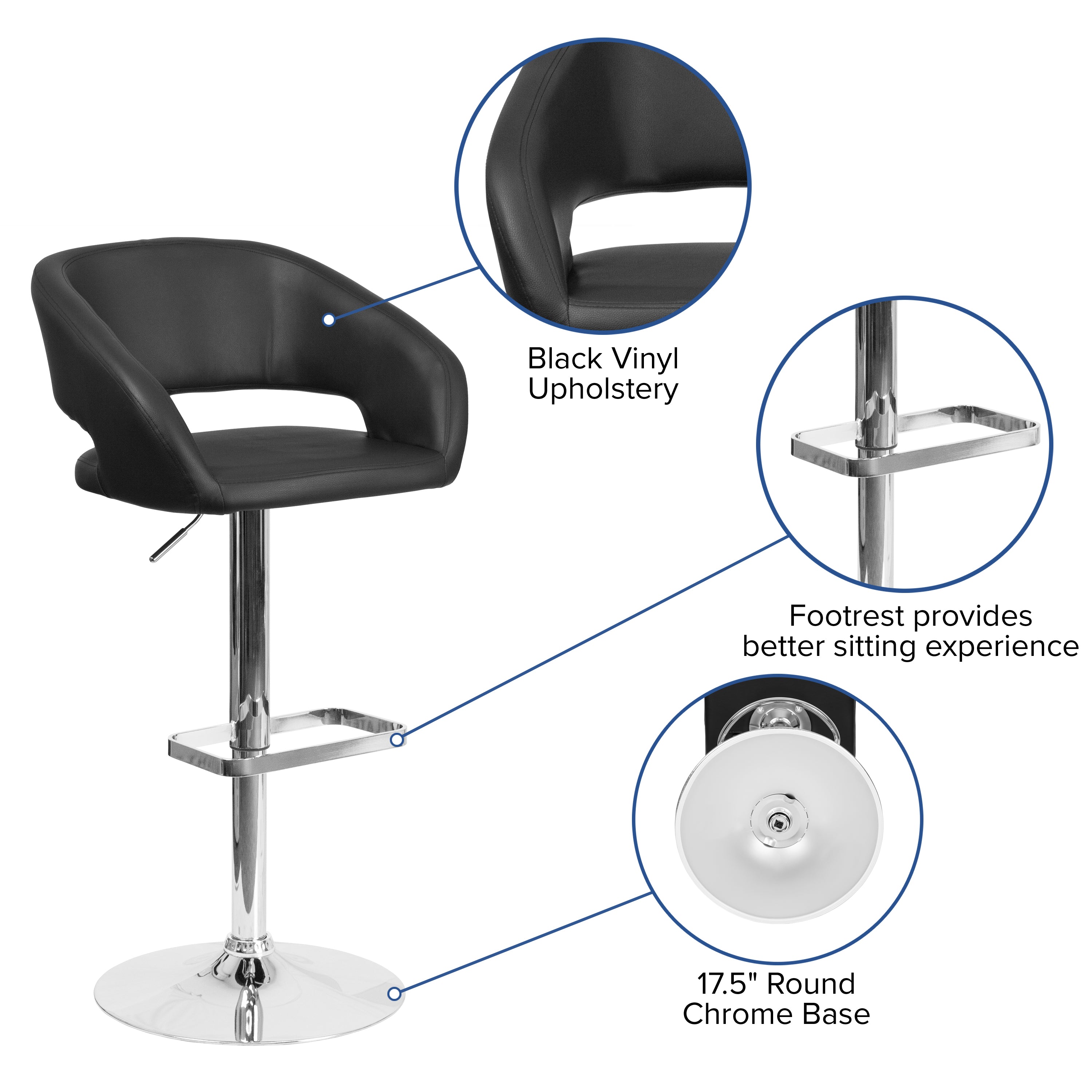 Contemporary Vinyl Adjustable Height Barstool with Rounded Mid-Back