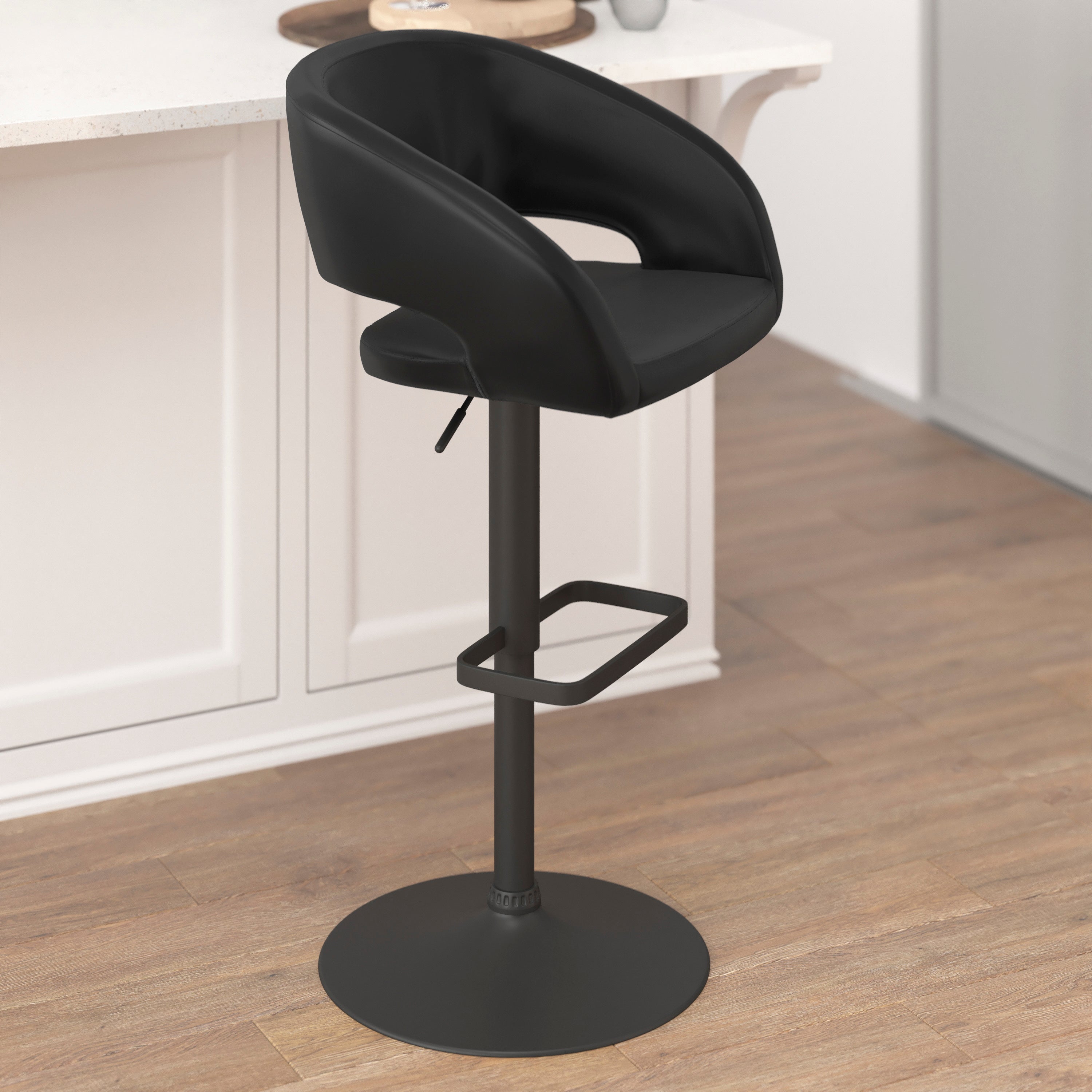 Contemporary Vinyl Adjustable Height Barstool with Rounded Mid-Back