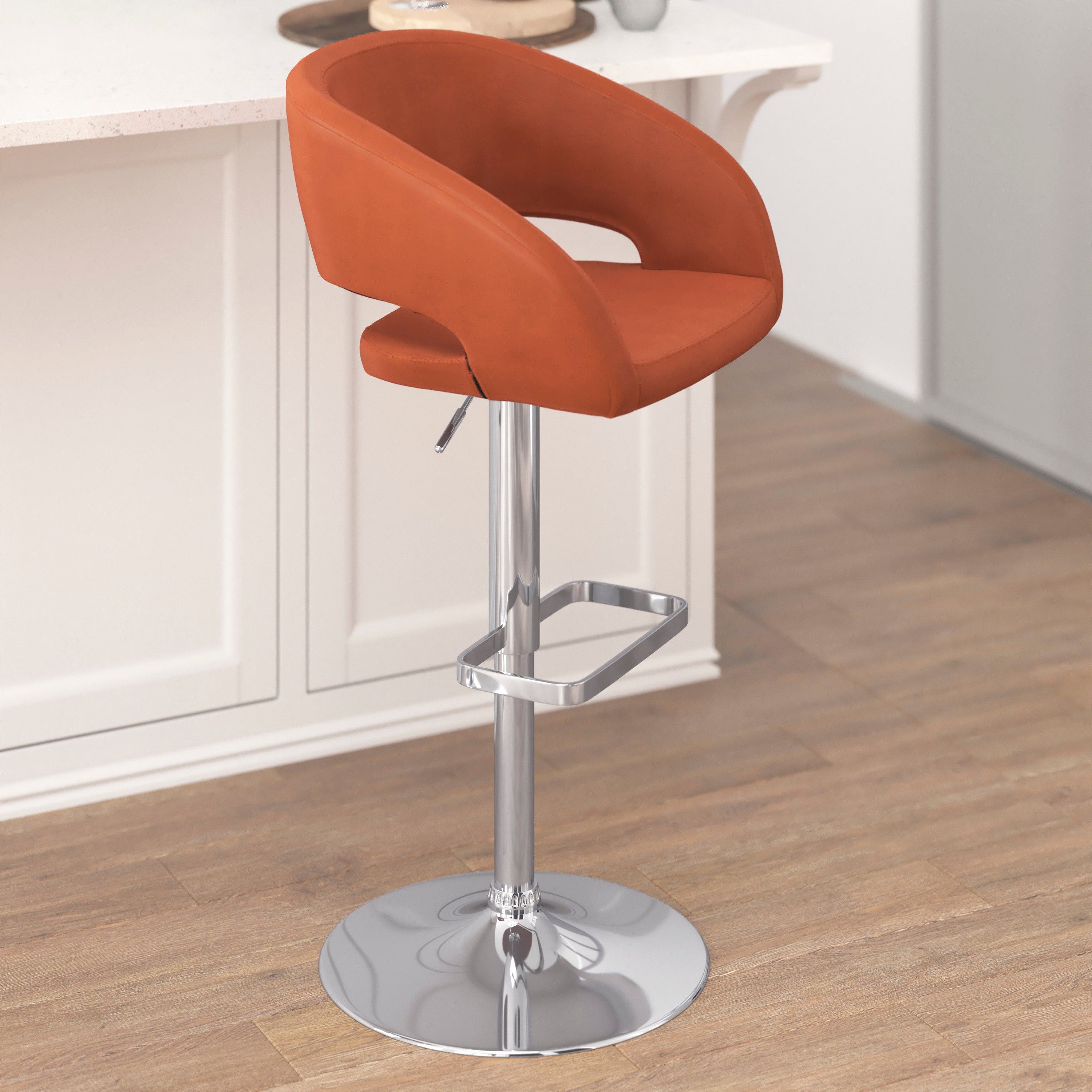 Contemporary Vinyl Adjustable Height Barstool with Rounded Mid-Back