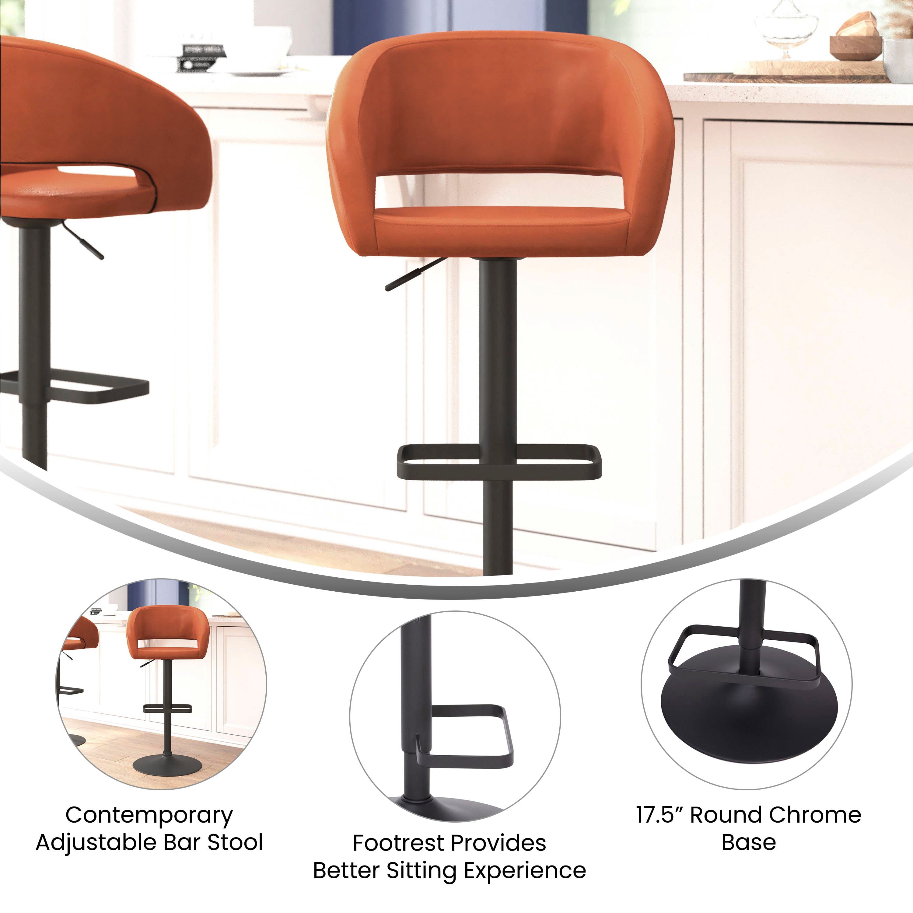 Contemporary Vinyl Adjustable Height Barstool with Rounded Mid-Back