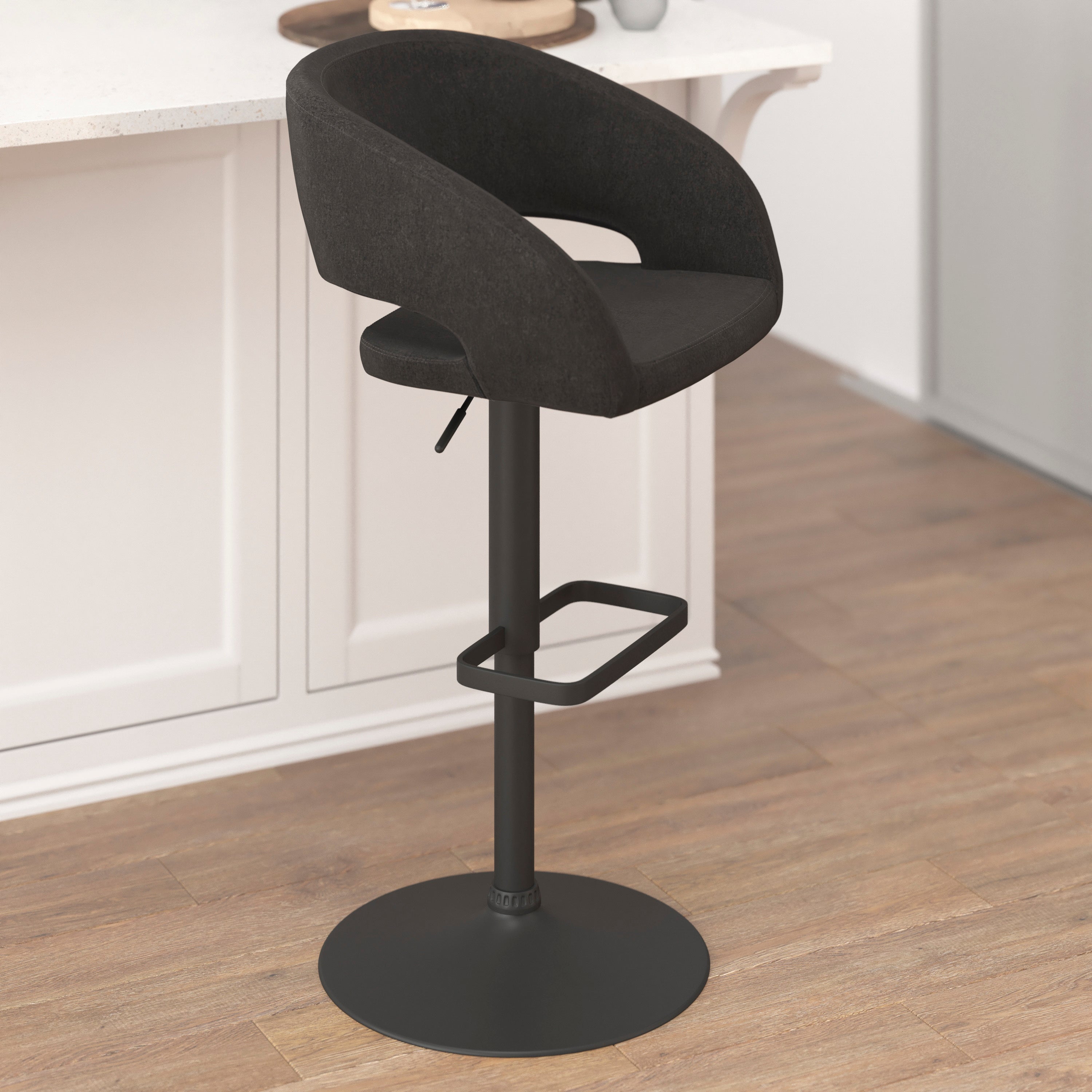 Contemporary Vinyl Adjustable Height Barstool with Rounded Mid-Back