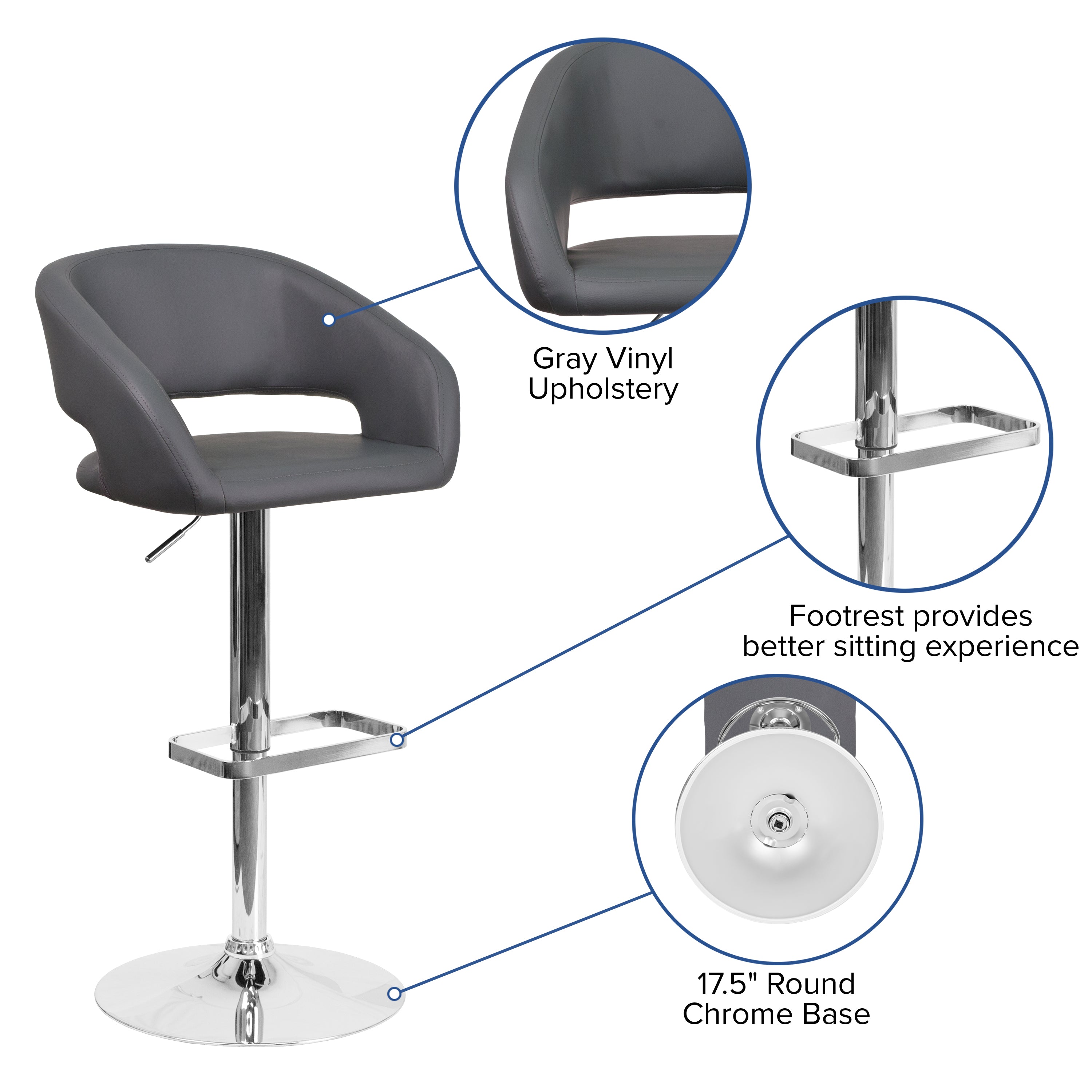 Contemporary Vinyl Adjustable Height Barstool with Rounded Mid-Back
