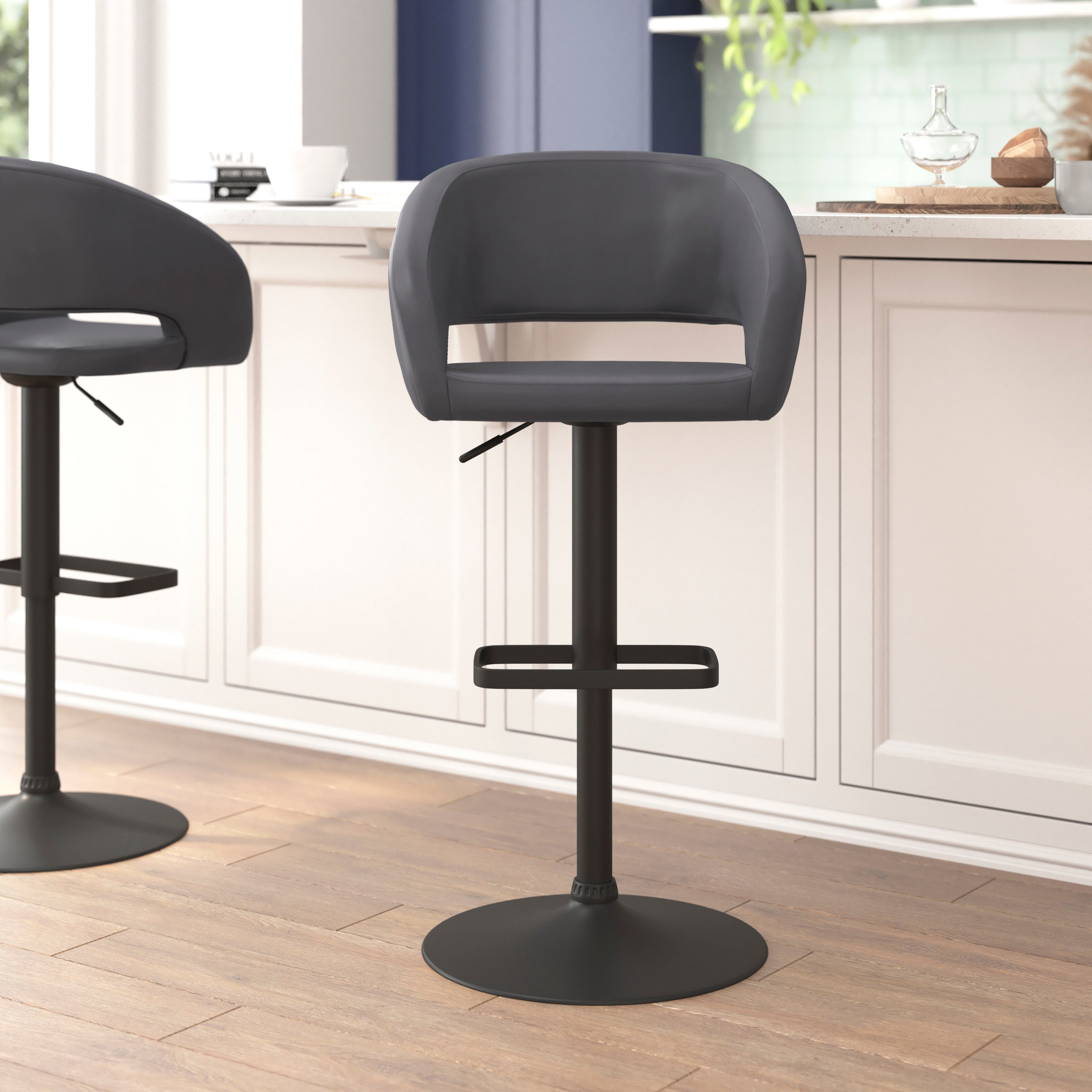 Contemporary Vinyl Adjustable Height Barstool with Rounded Mid-Back