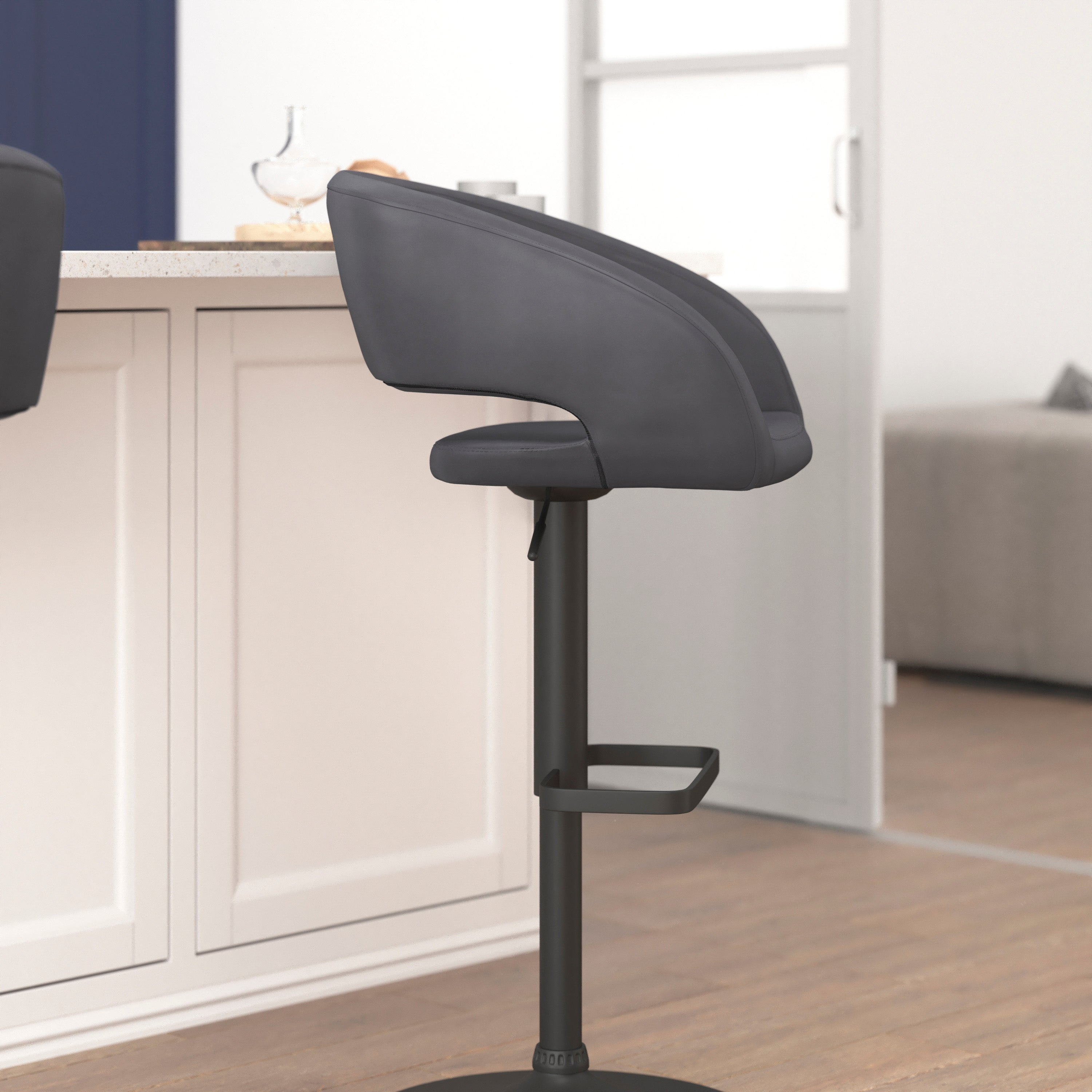 Contemporary Vinyl Adjustable Height Barstool with Rounded Mid-Back