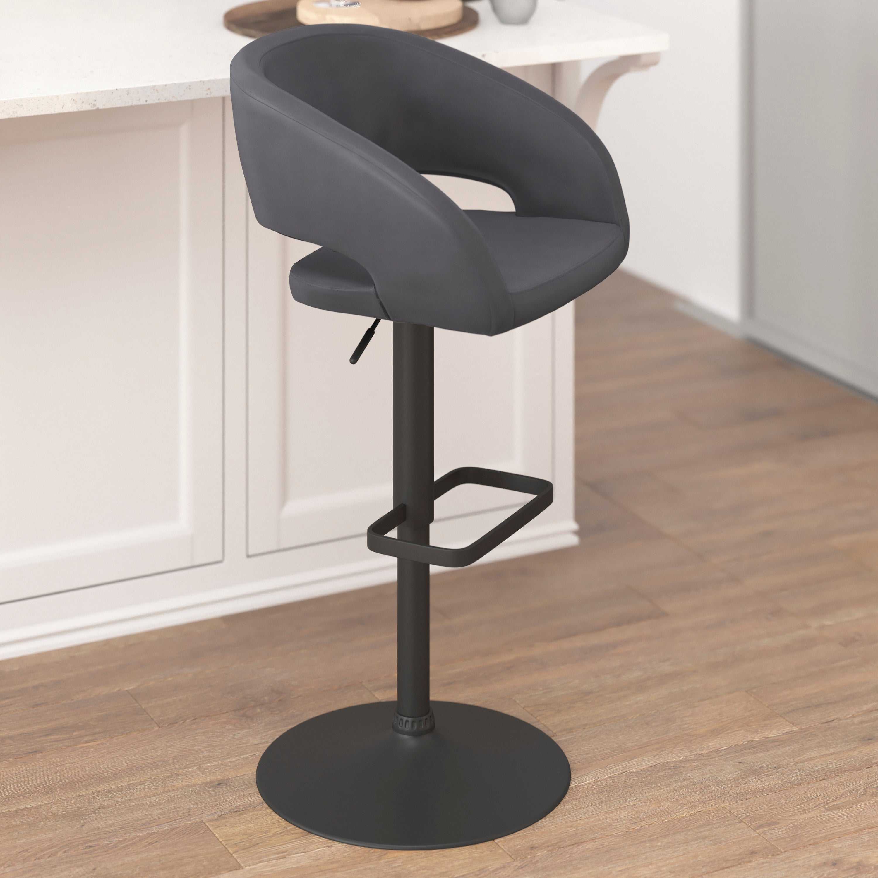 Contemporary Vinyl Adjustable Height Barstool with Rounded Mid-Back