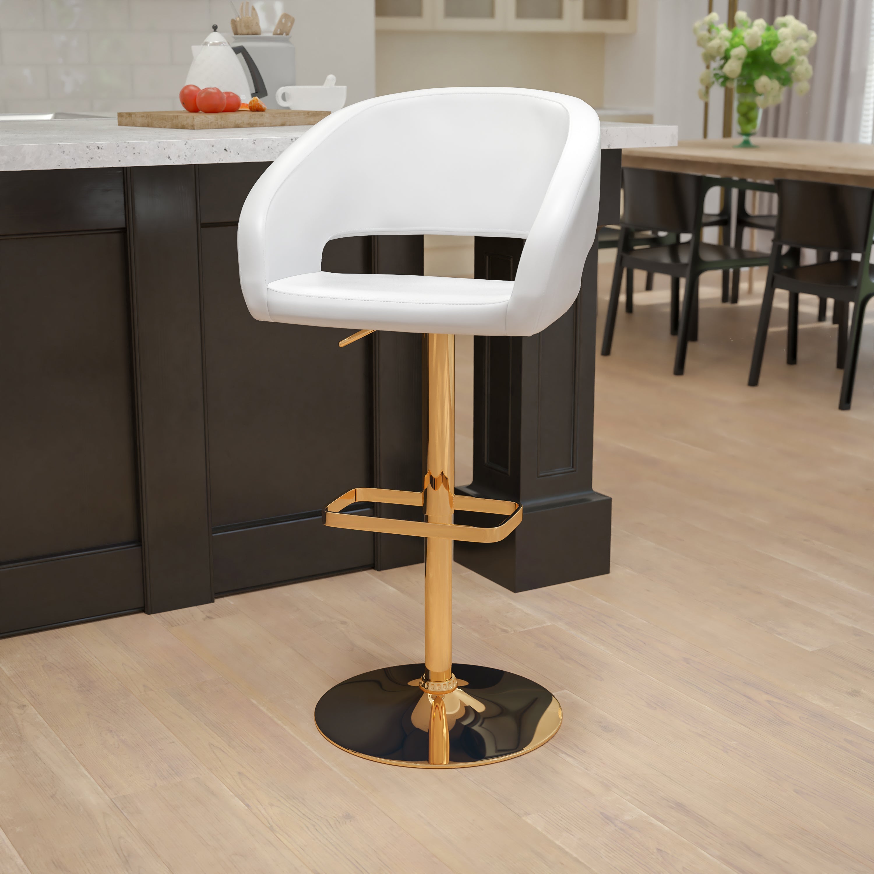 Contemporary Vinyl Adjustable Height Barstool with Rounded Mid-Back