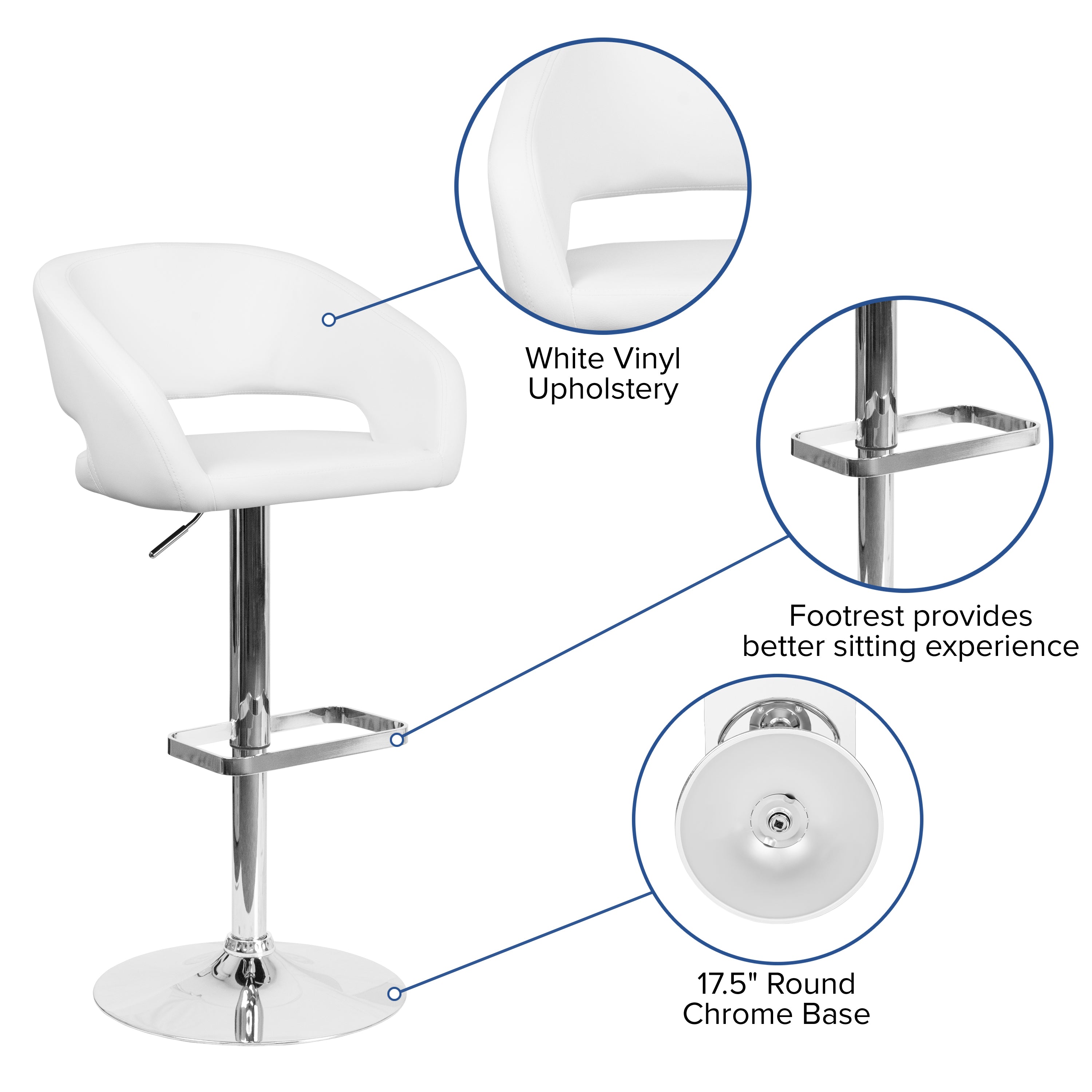 Contemporary Vinyl Adjustable Height Barstool with Rounded Mid-Back