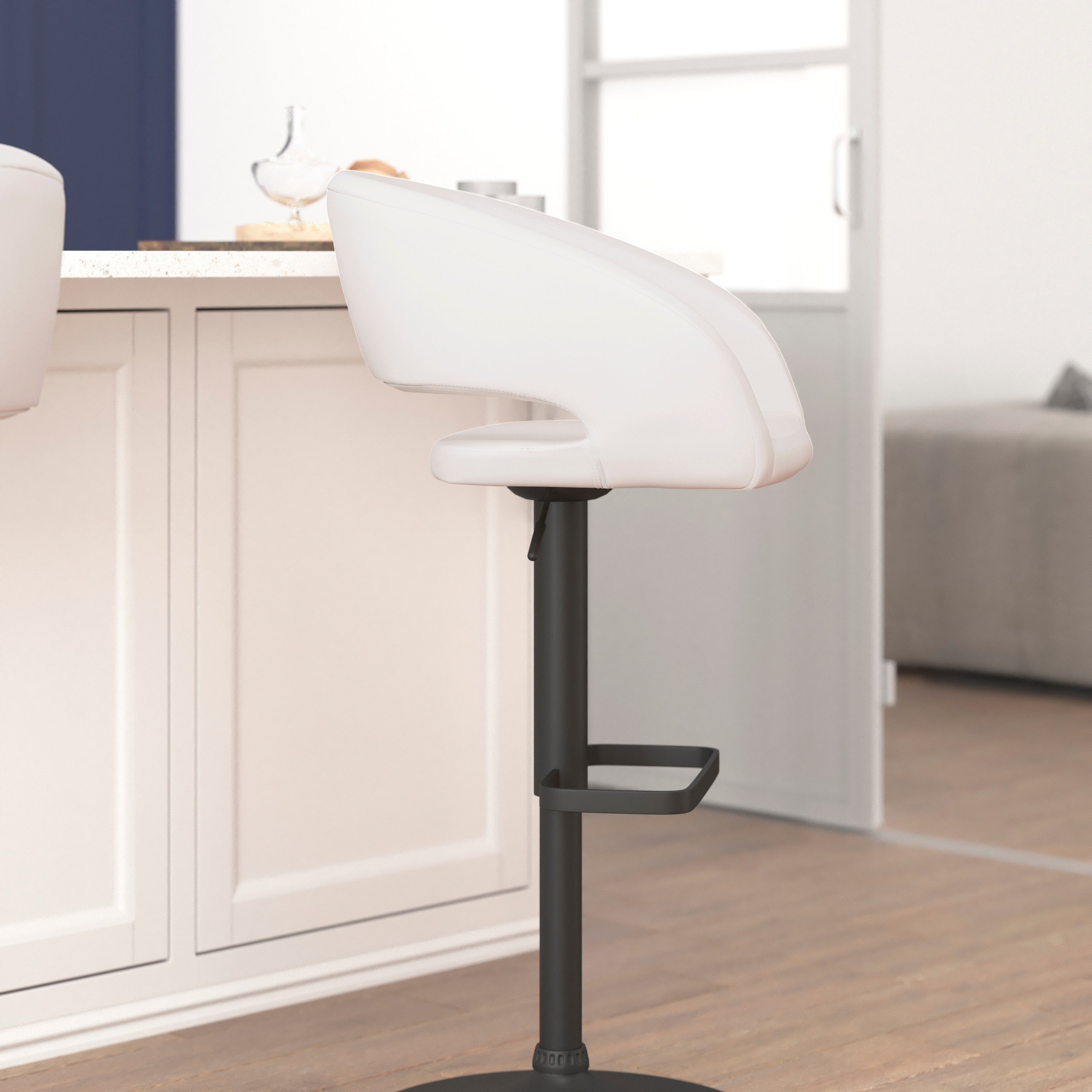 Contemporary Vinyl Adjustable Height Barstool with Rounded Mid-Back