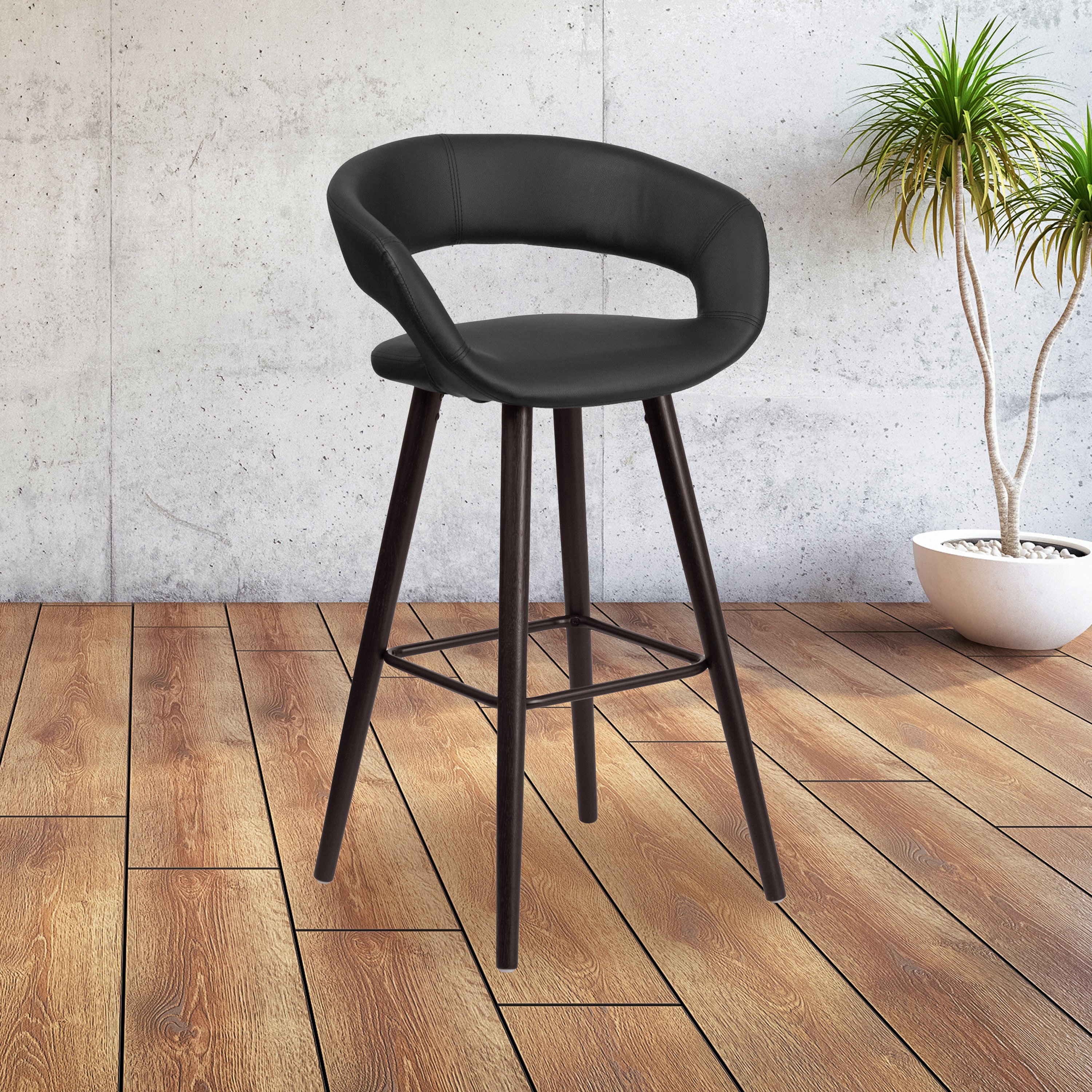 Brynn Series 29'' High Contemporary Vinyl Rounded Back Barstool with Cappuccino Wood Frame