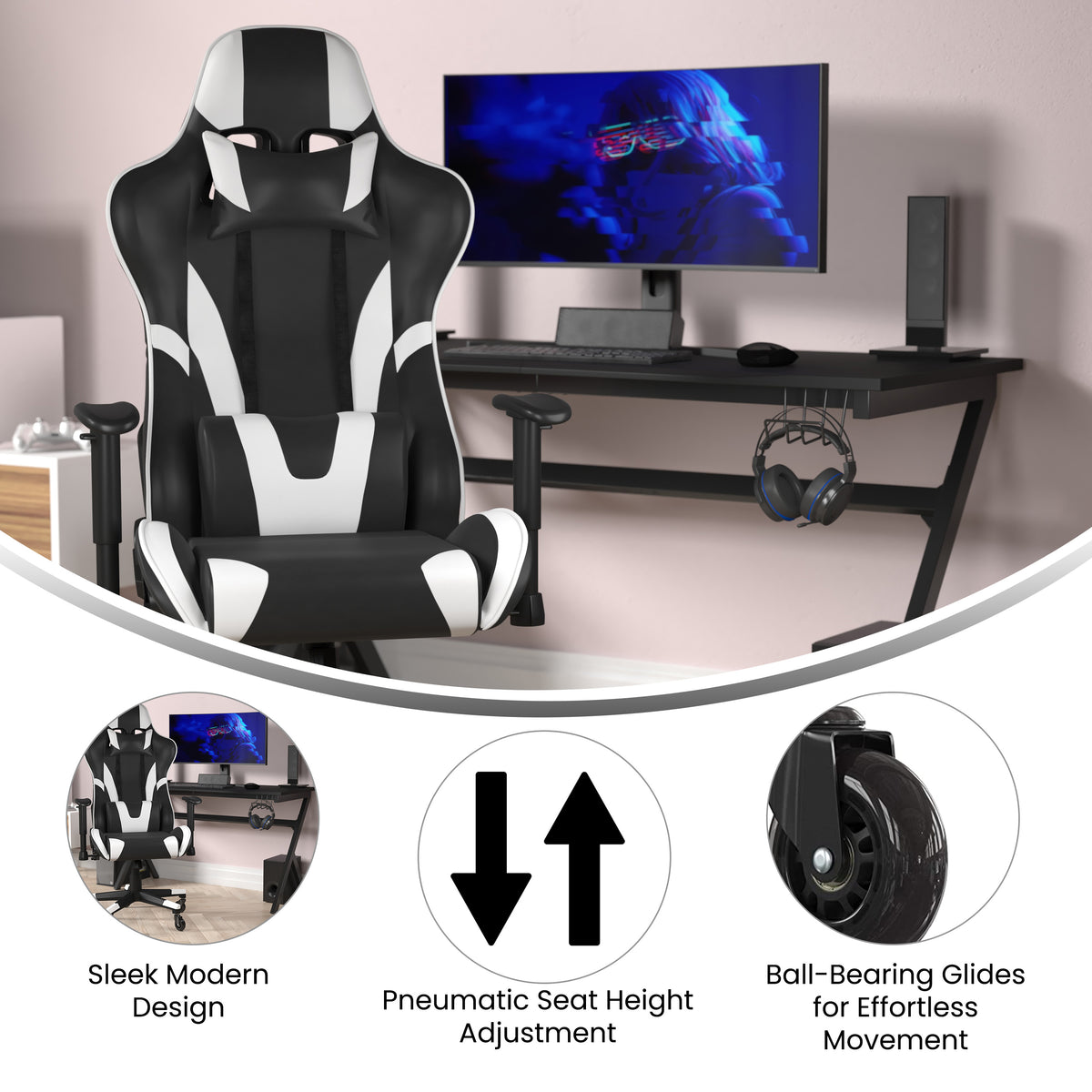 X20 Gaming Chair Racing Office Computer PC Adjustable Chair with Reclining Back and Transparent Roller Wheels
