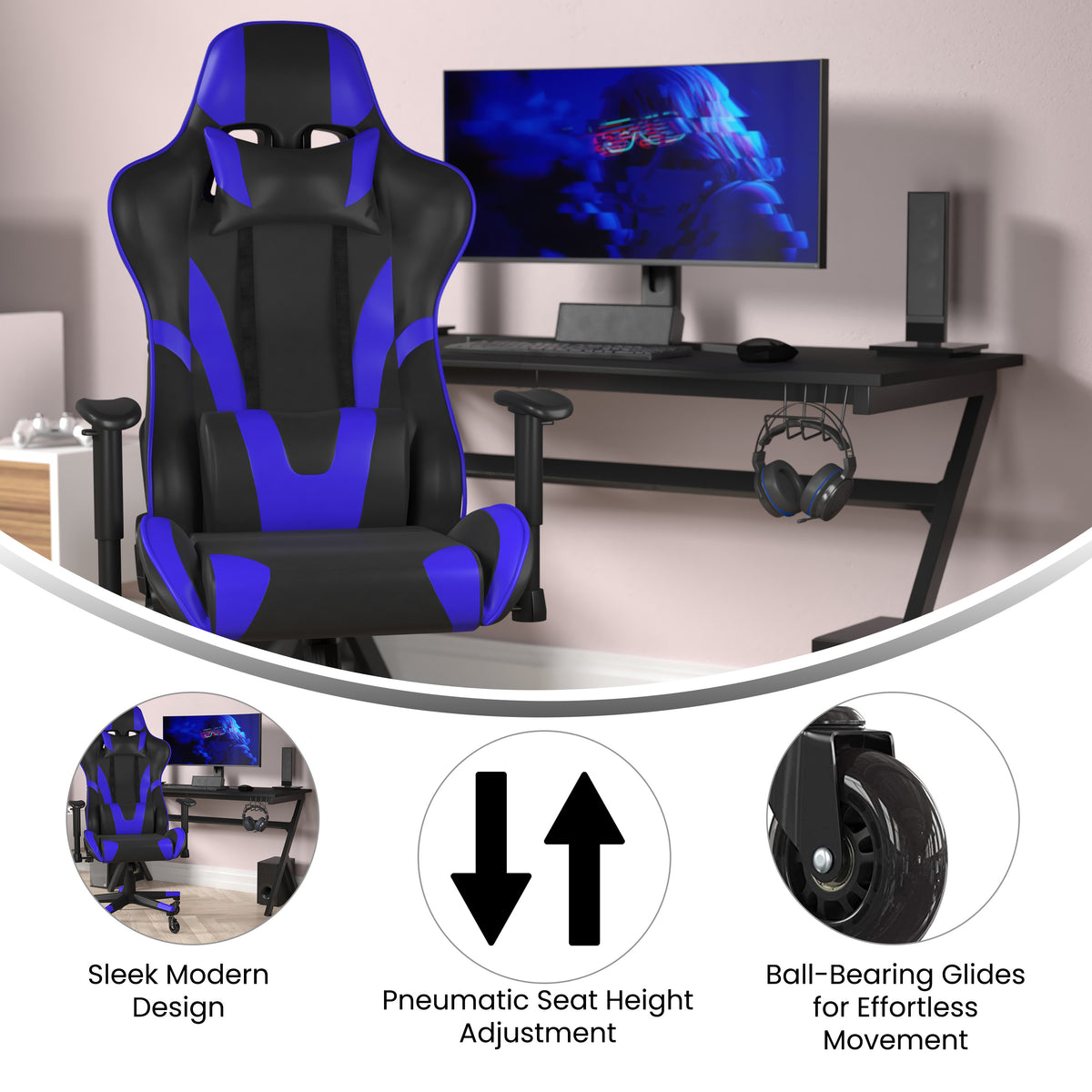 X20 Gaming Chair Racing Office Computer PC Adjustable Chair with Reclining Back and Transparent Roller Wheels