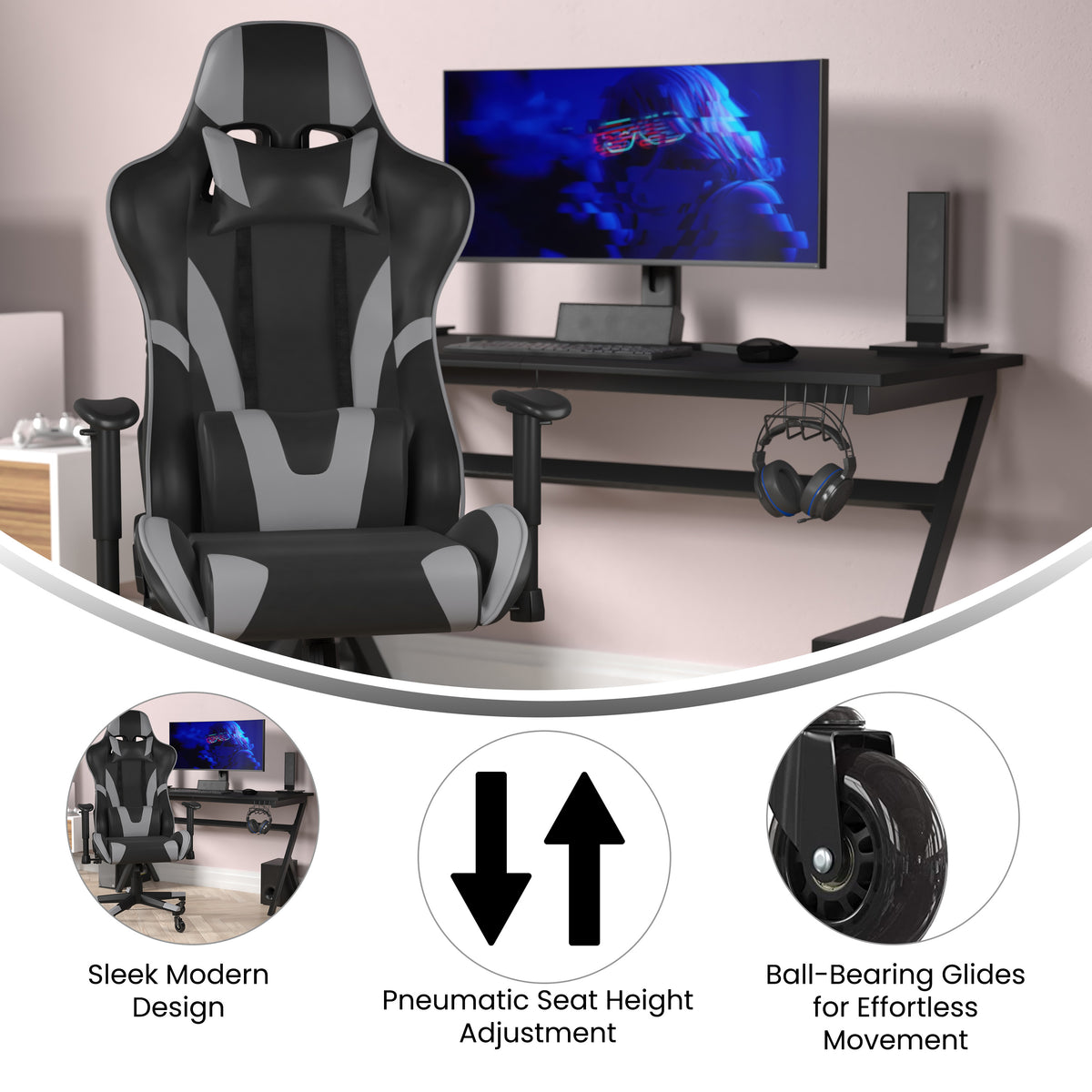 X20 Gaming Chair Racing Office Computer PC Adjustable Chair with Reclining Back and Transparent Roller Wheels