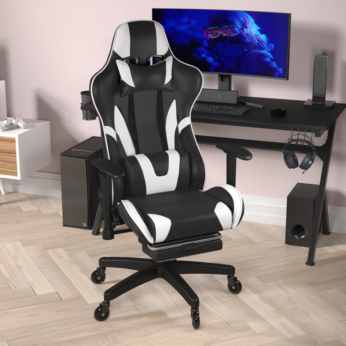 X30 Gaming Chair Racing Computer Chair with Reclining Back, Slide-Out Footrest, and Transparent Roller Wheels