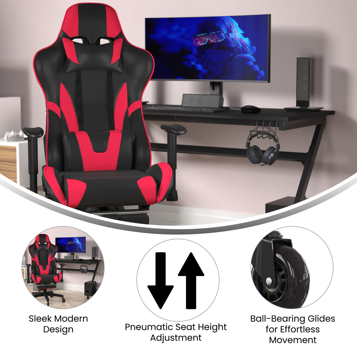 X30 Gaming Chair Racing Computer Chair with Reclining Back, Slide-Out Footrest, and Transparent Roller Wheels
