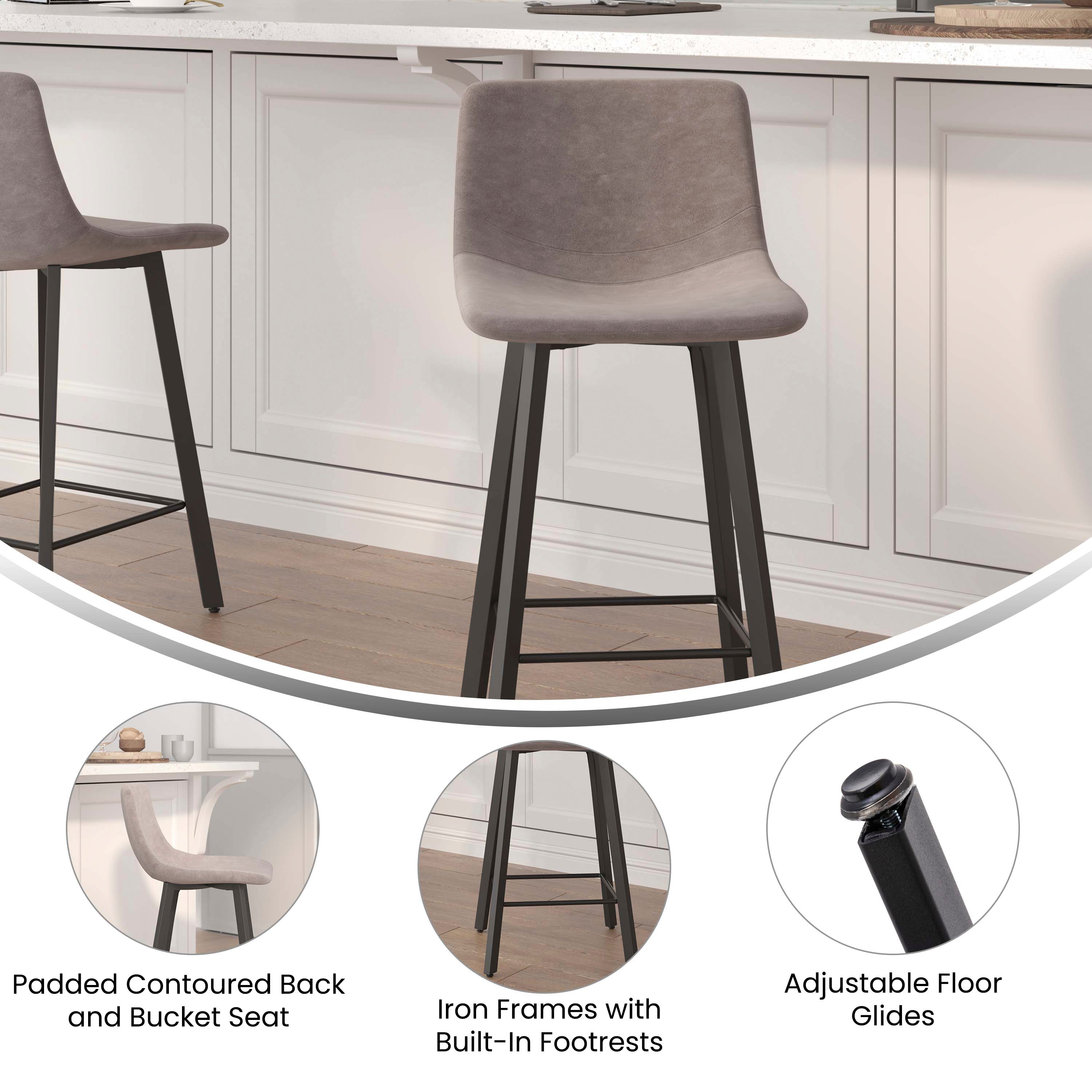 Caleb Modern Armless 24 Inch Counter Height Stools with Footrests and Matte Metal Frames, Set of 2
