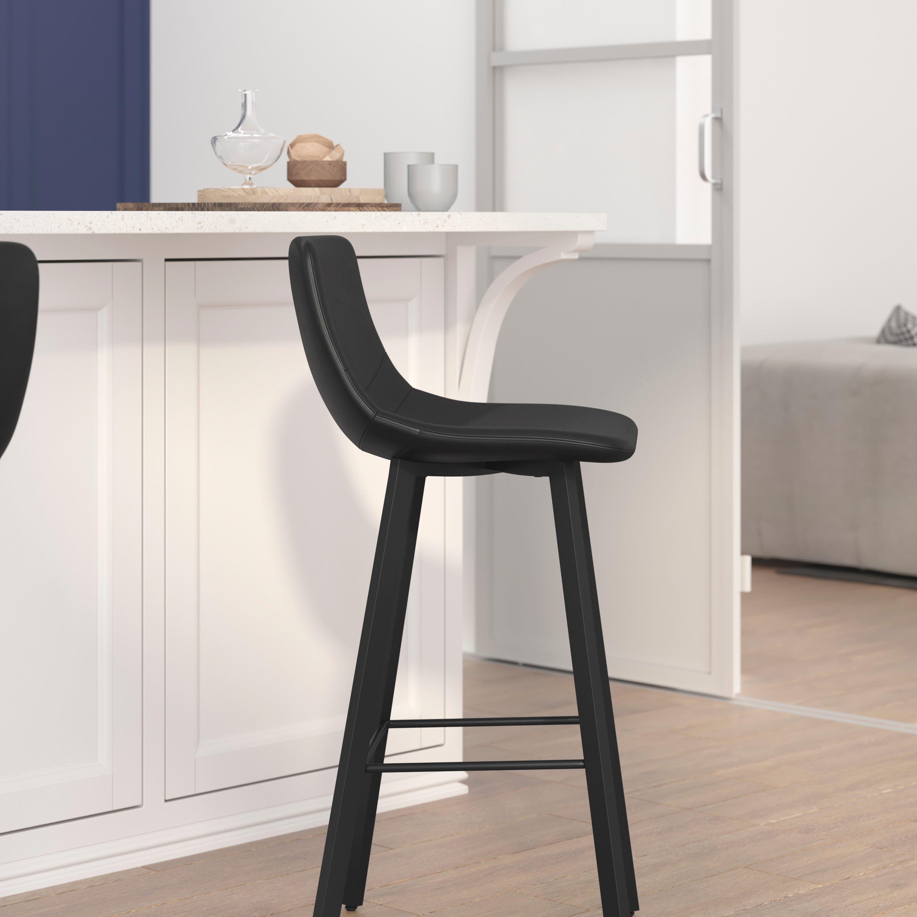 Caleb Modern Armless 30 Inch Bar Height Barstools with Footrests and Matte Iron Frames, Set of 2