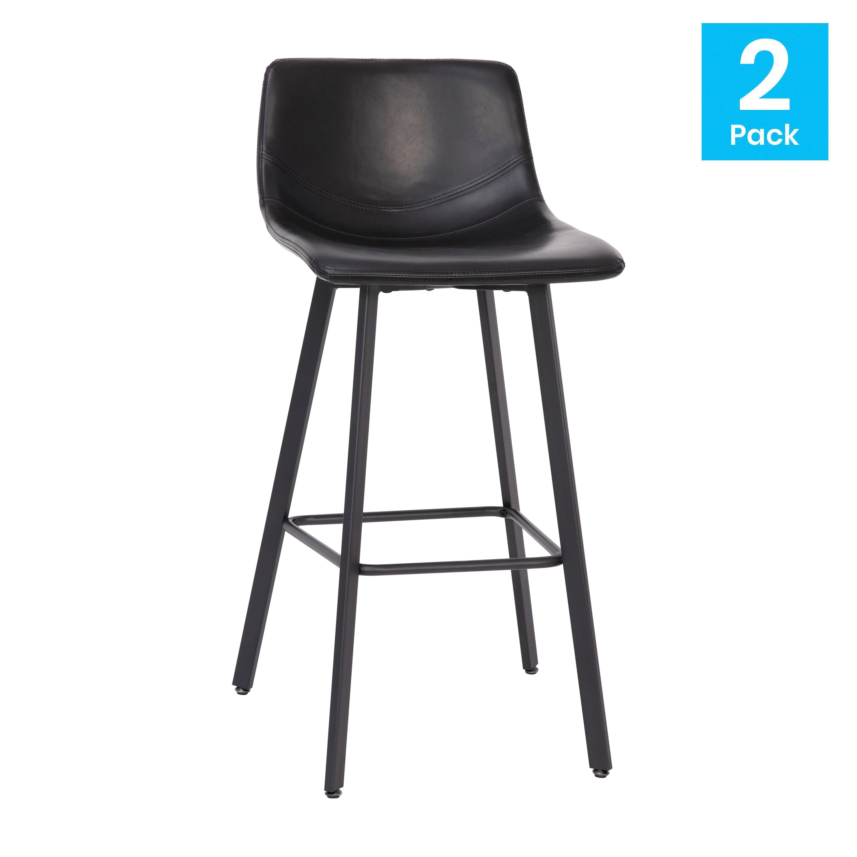 Caleb Modern Armless 30 Inch Bar Height Barstools with Footrests and Matte Iron Frames, Set of 2