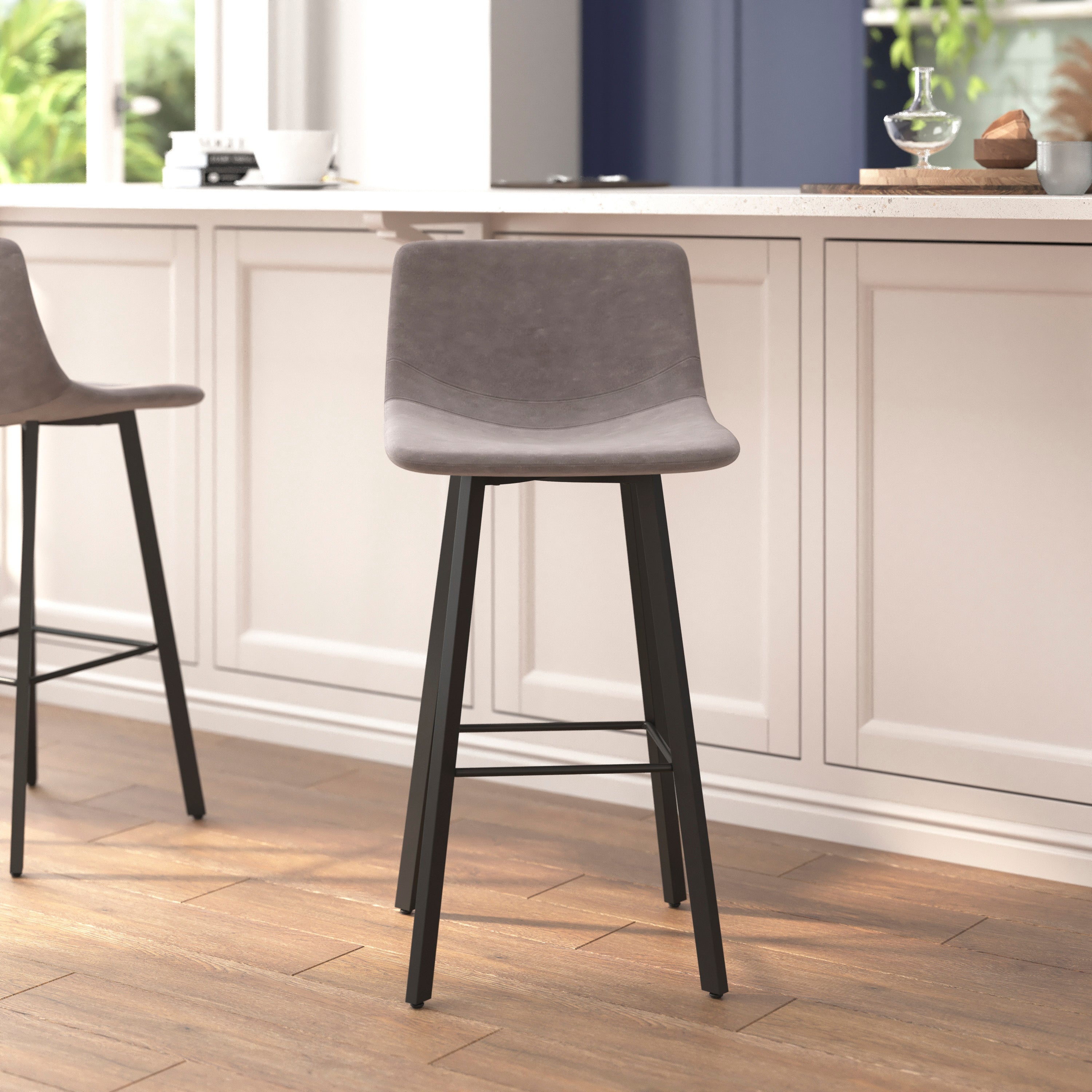 Caleb Modern Armless 30 Inch Bar Height Barstools with Footrests and Matte Iron Frames, Set of 2