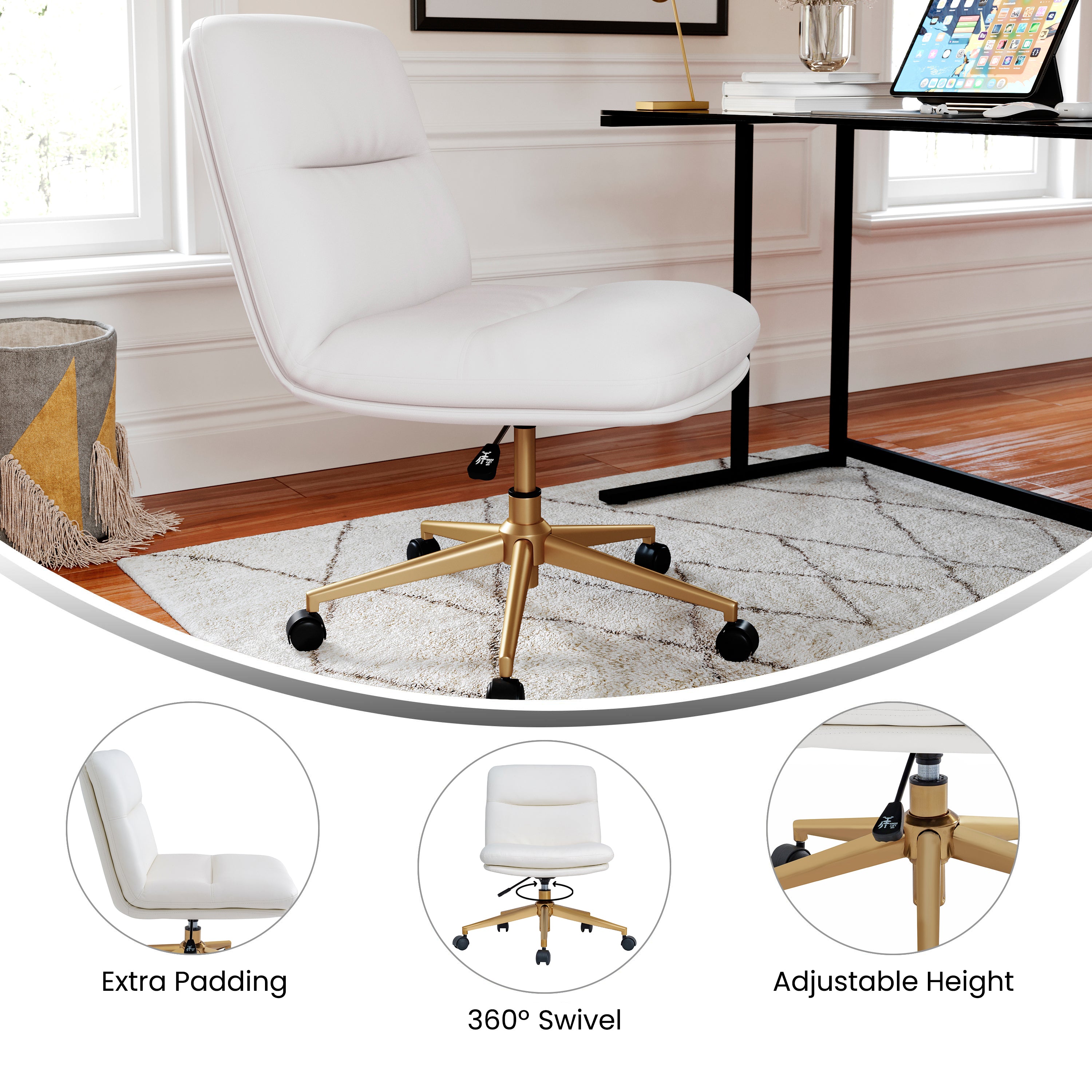 Chloe Commercial Mid-Back Padded Upholstered Armless Task Office Chair with Wheels, Adjustable Height, Swivel Function, and Frame