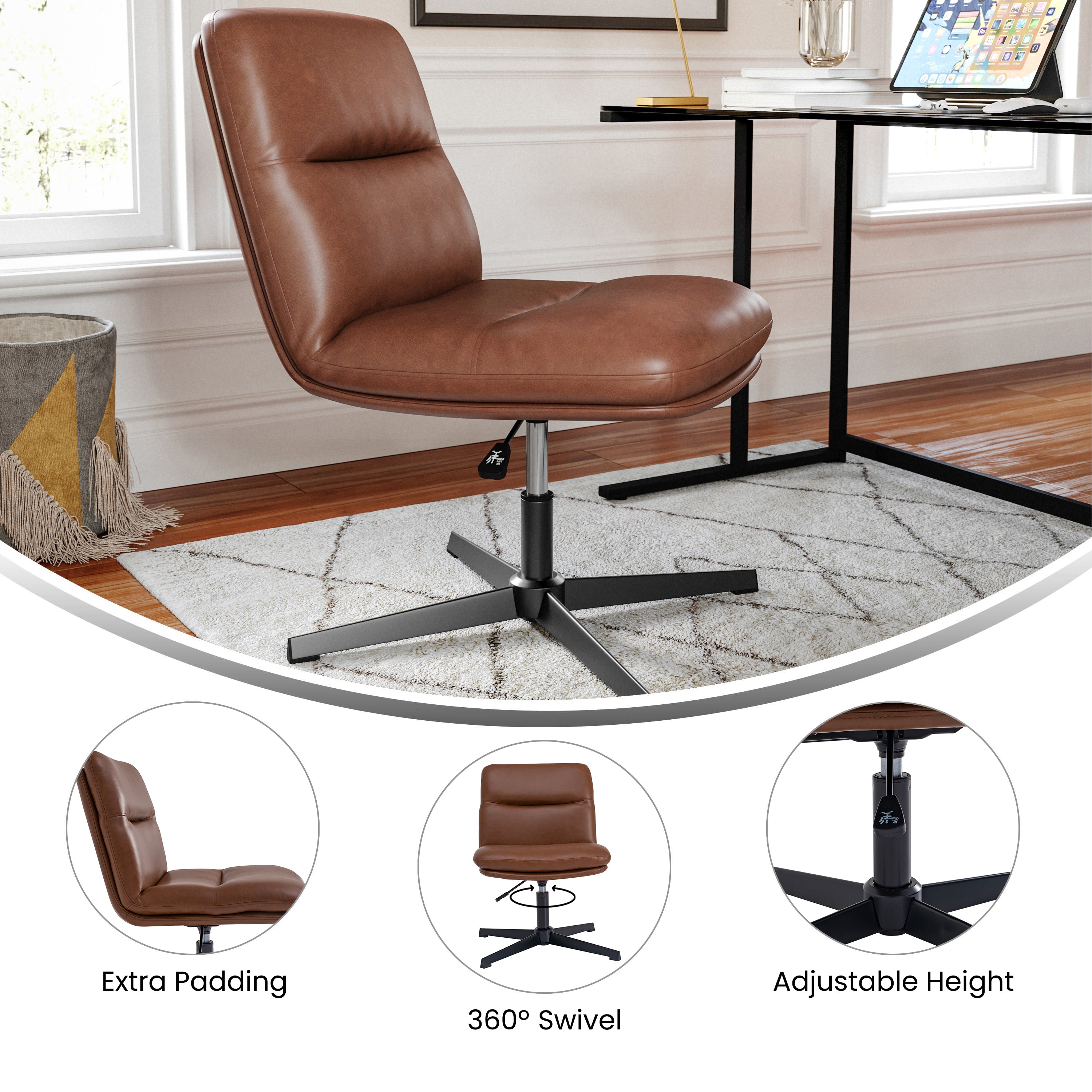 Chloe Commercial Mid-Back Padded Upholstered Armless Stationary Task Office Chair with Adjustable Height, Swivel Function, and Frame