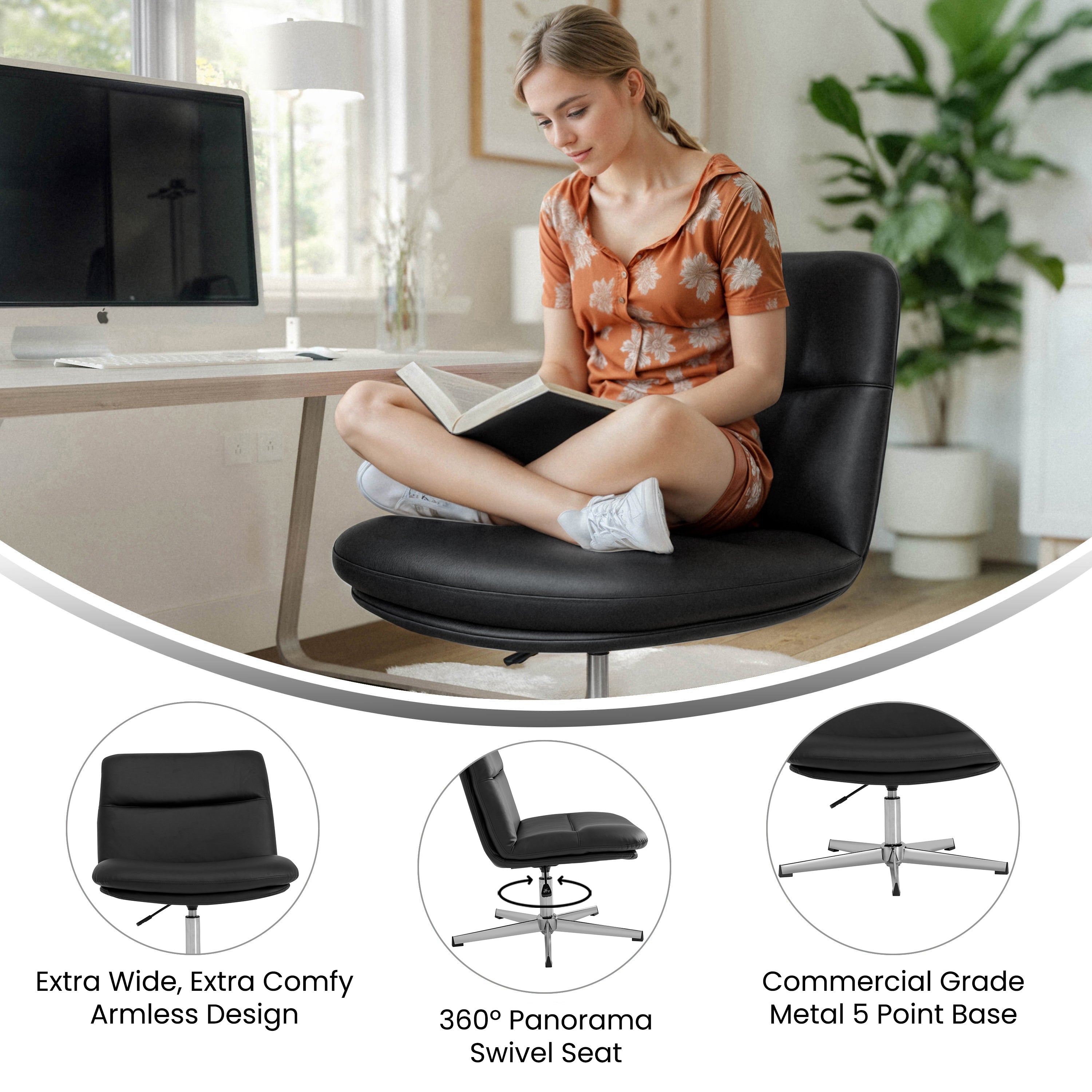 Chloe Commercial Wide Mid-Back Padded Upholstered Armless Stationary Task Office Chair with Adjustable Height, Swivel Function, Frame