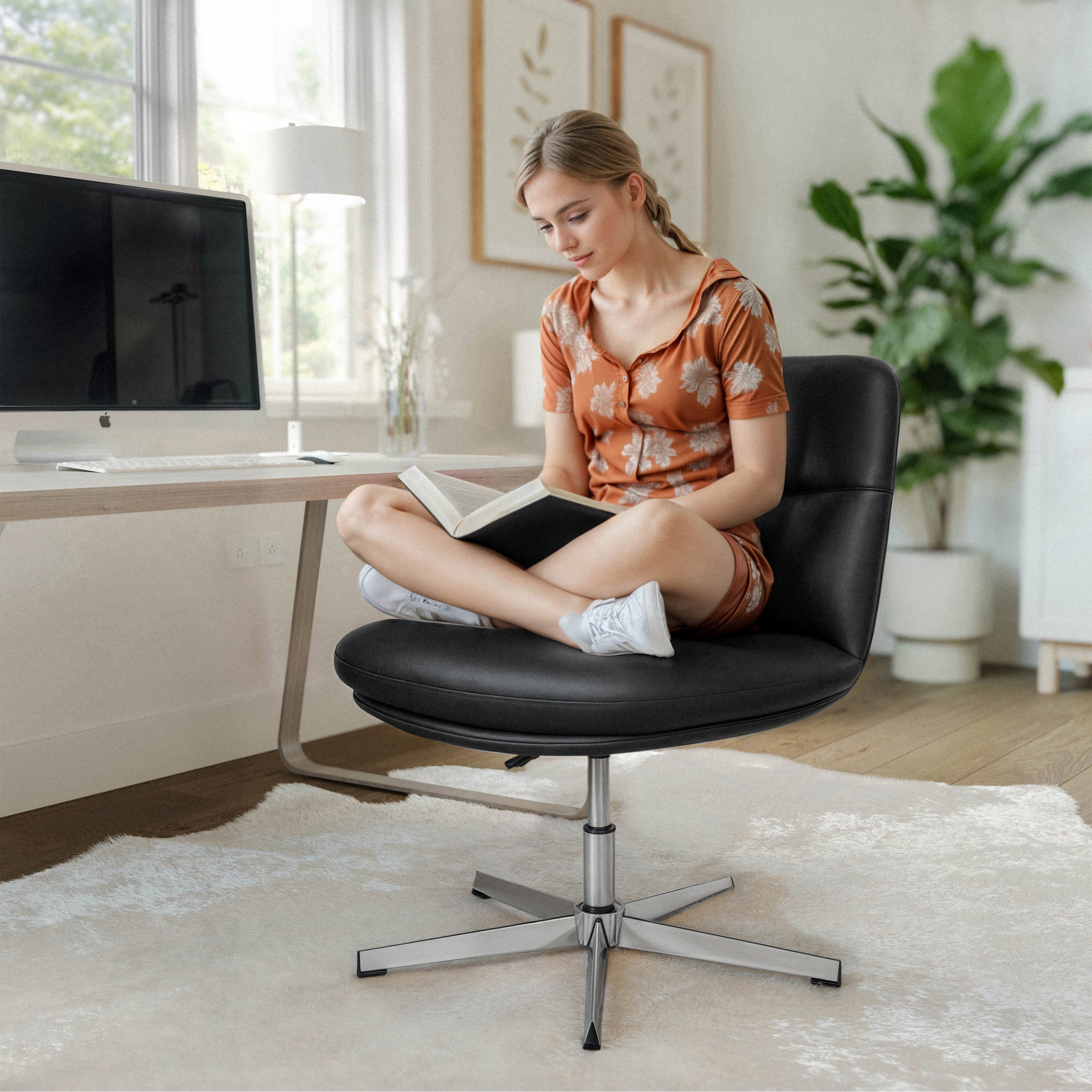 Chloe Commercial Wide Mid-Back Padded Upholstered Armless Stationary Task Office Chair with Adjustable Height, Swivel Function, Frame