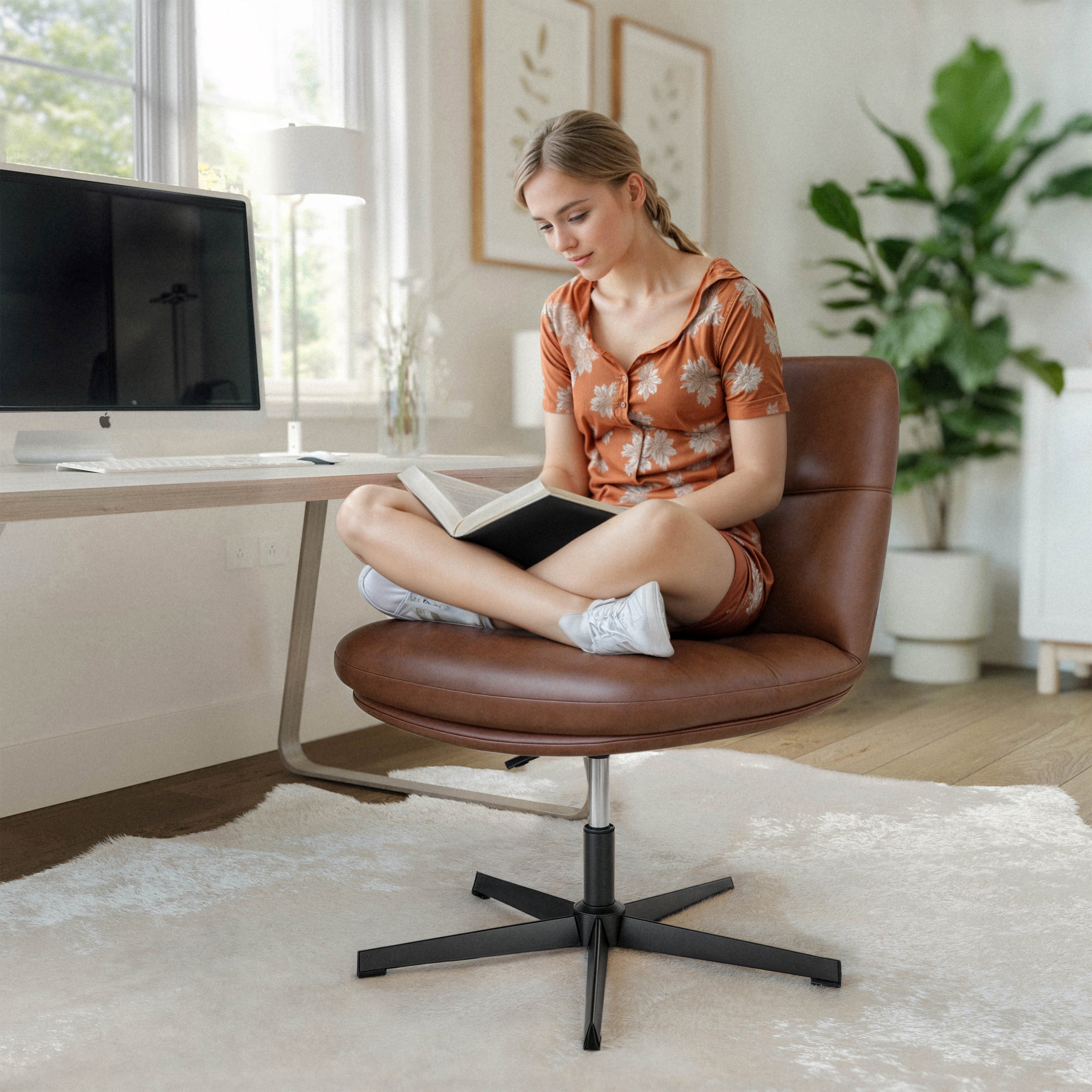 Chloe Commercial Wide Mid-Back Padded Upholstered Armless Stationary Task Office Chair with Adjustable Height, Swivel Function, Frame