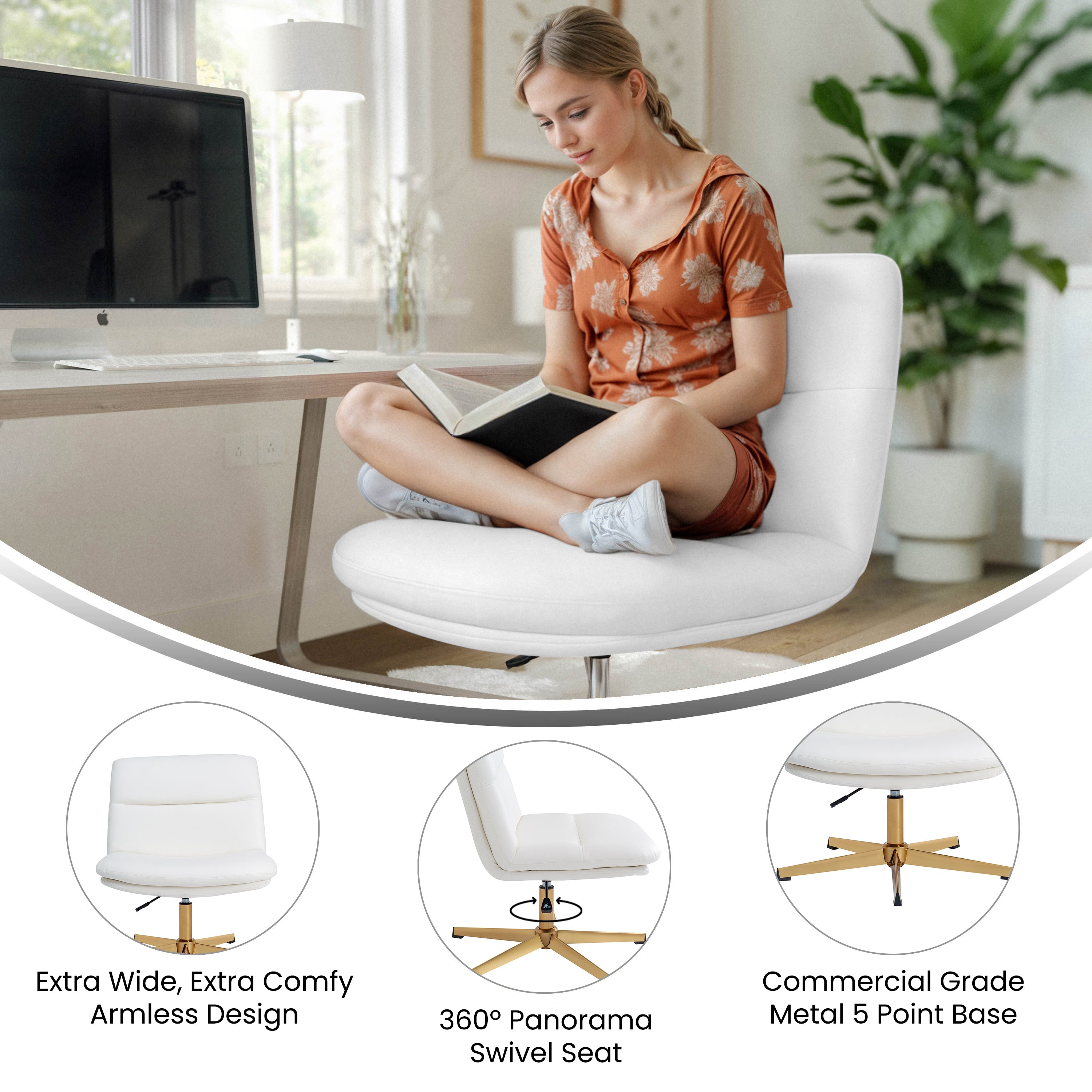 Chloe Commercial Wide Mid-Back Padded Upholstered Armless Stationary Task Office Chair with Adjustable Height, Swivel Function, Frame