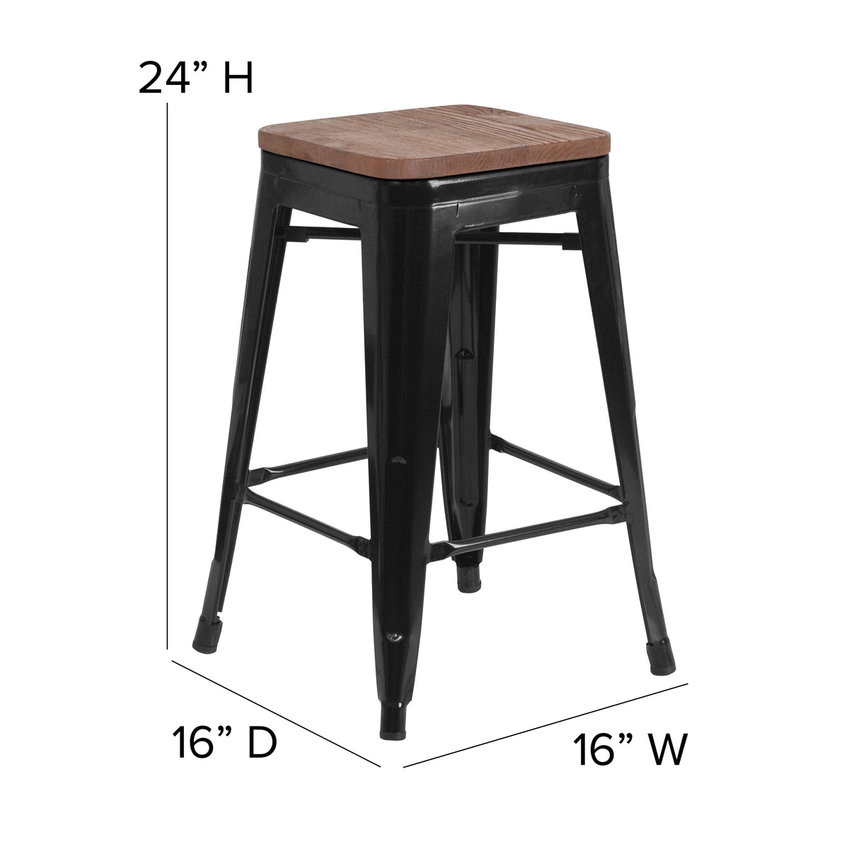 24" High Backless Metal Counter Height Stool with Square Wood Seat