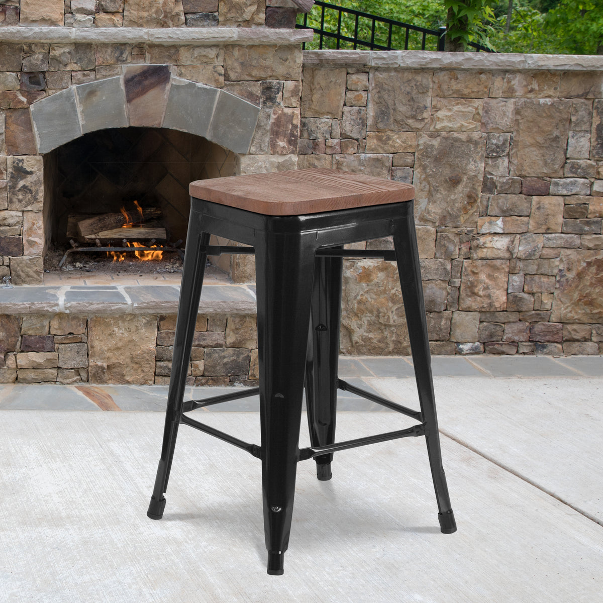 24" High Backless Metal Counter Height Stool with Square Wood Seat