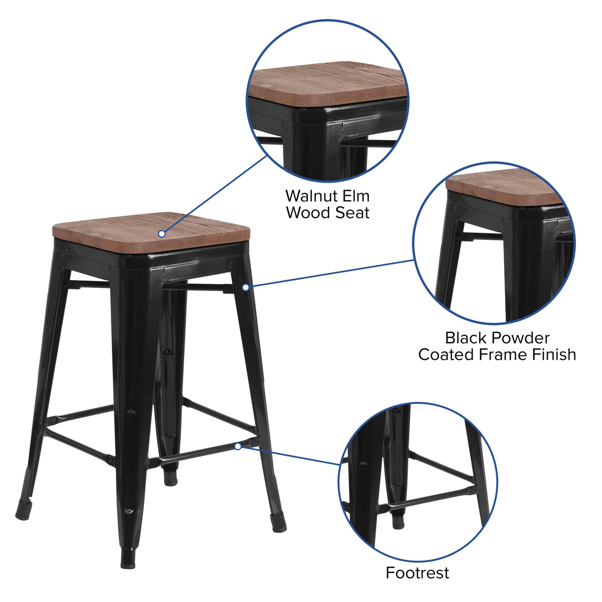 24" High Backless Metal Counter Height Stool with Square Wood Seat