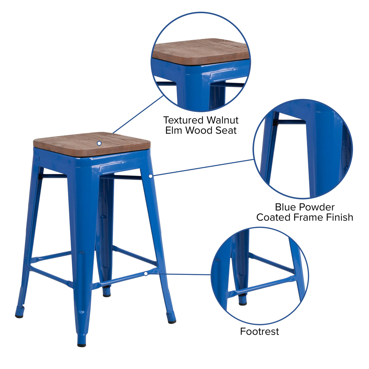 24" High Backless Metal Counter Height Stool with Square Wood Seat