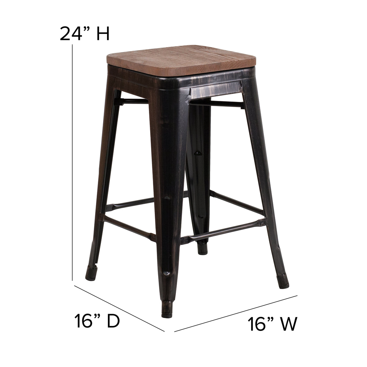 24" High Backless Metal Counter Height Stool with Square Wood Seat