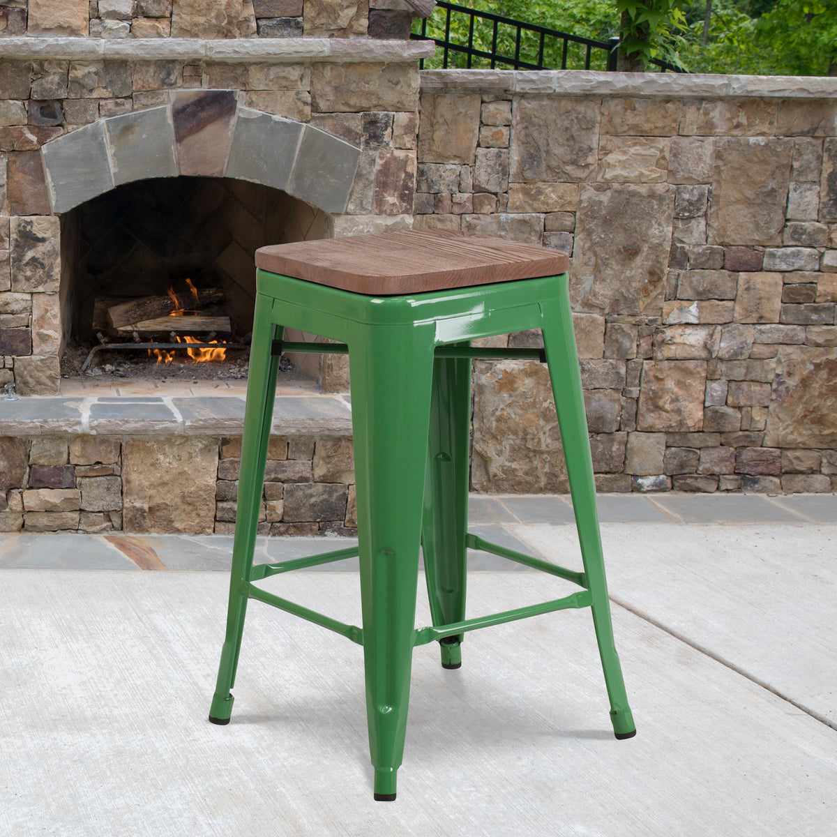 24" High Backless Metal Counter Height Stool with Square Wood Seat
