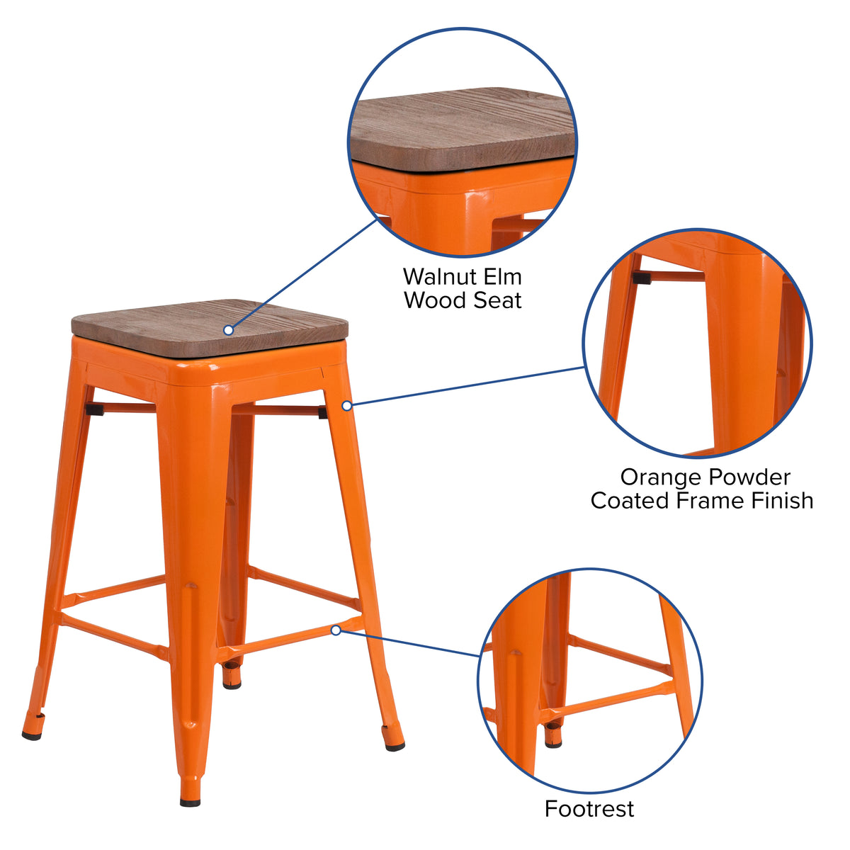 24" High Backless Metal Counter Height Stool with Square Wood Seat
