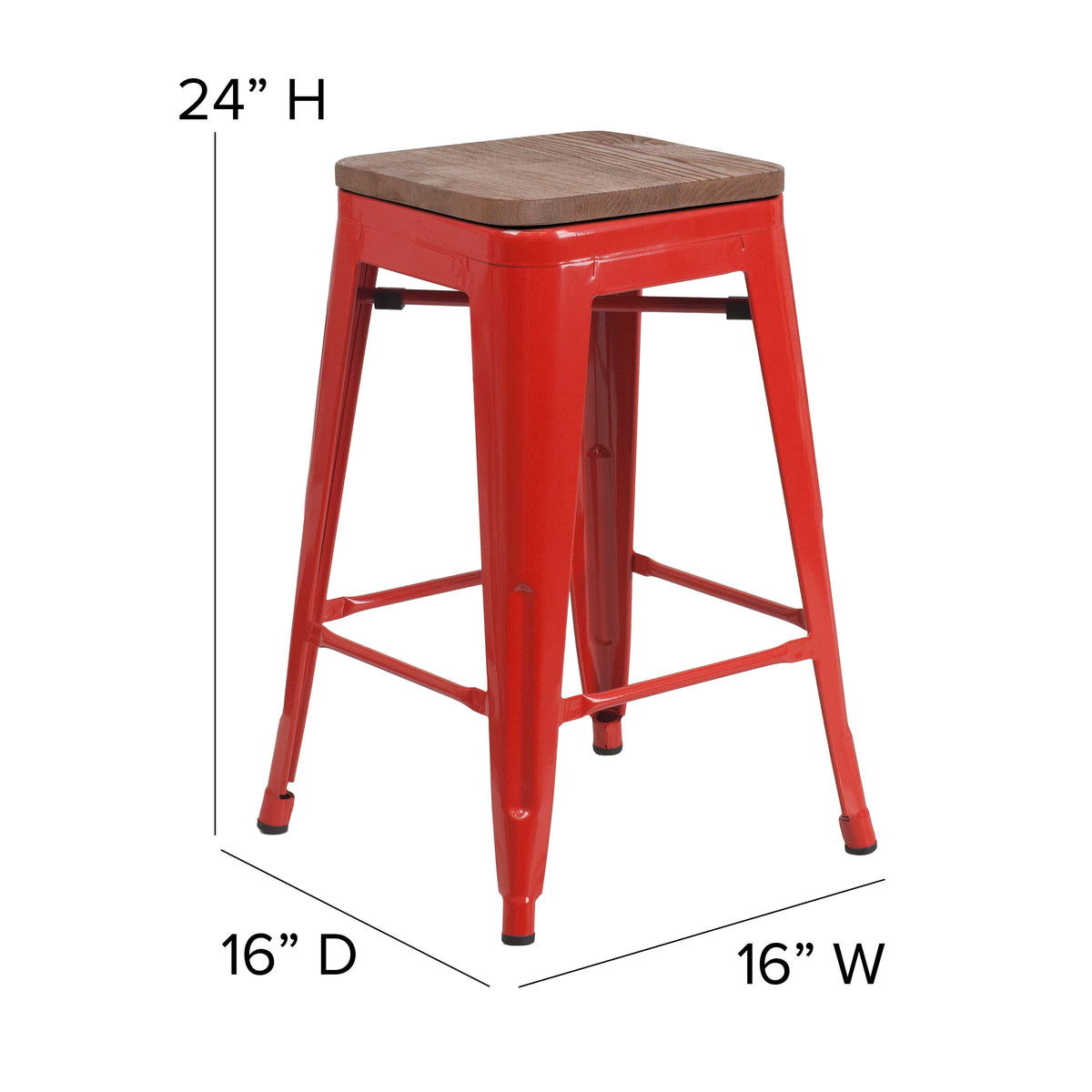 24" High Backless Metal Counter Height Stool with Square Wood Seat
