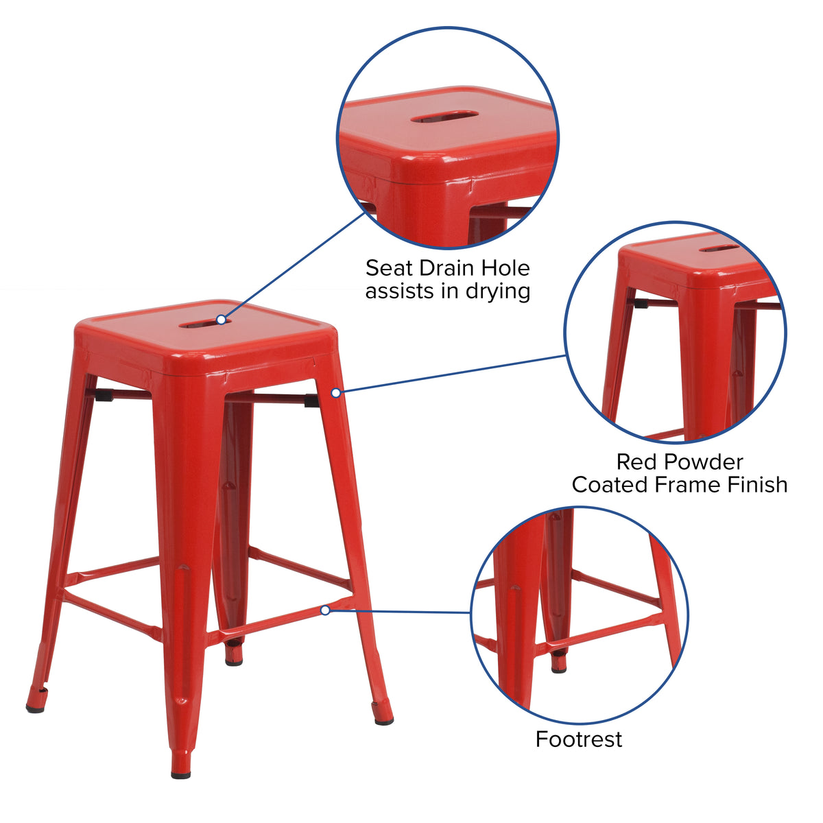 24" High Backless Metal Counter Height Stool with Square Wood Seat