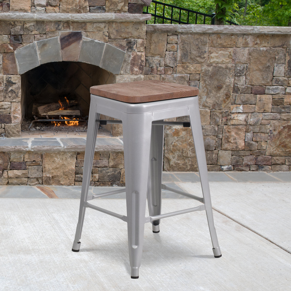 24" High Backless Metal Counter Height Stool with Square Wood Seat