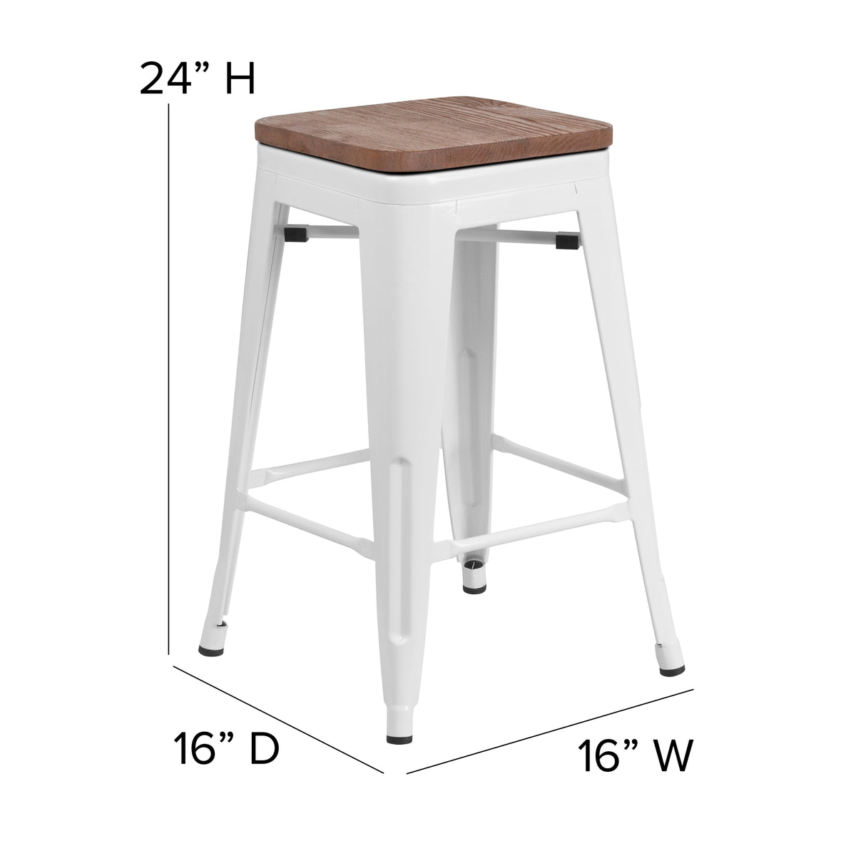 24" High Backless Metal Counter Height Stool with Square Wood Seat