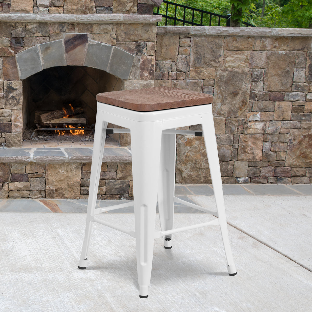 24" High Backless Metal Counter Height Stool with Square Wood Seat