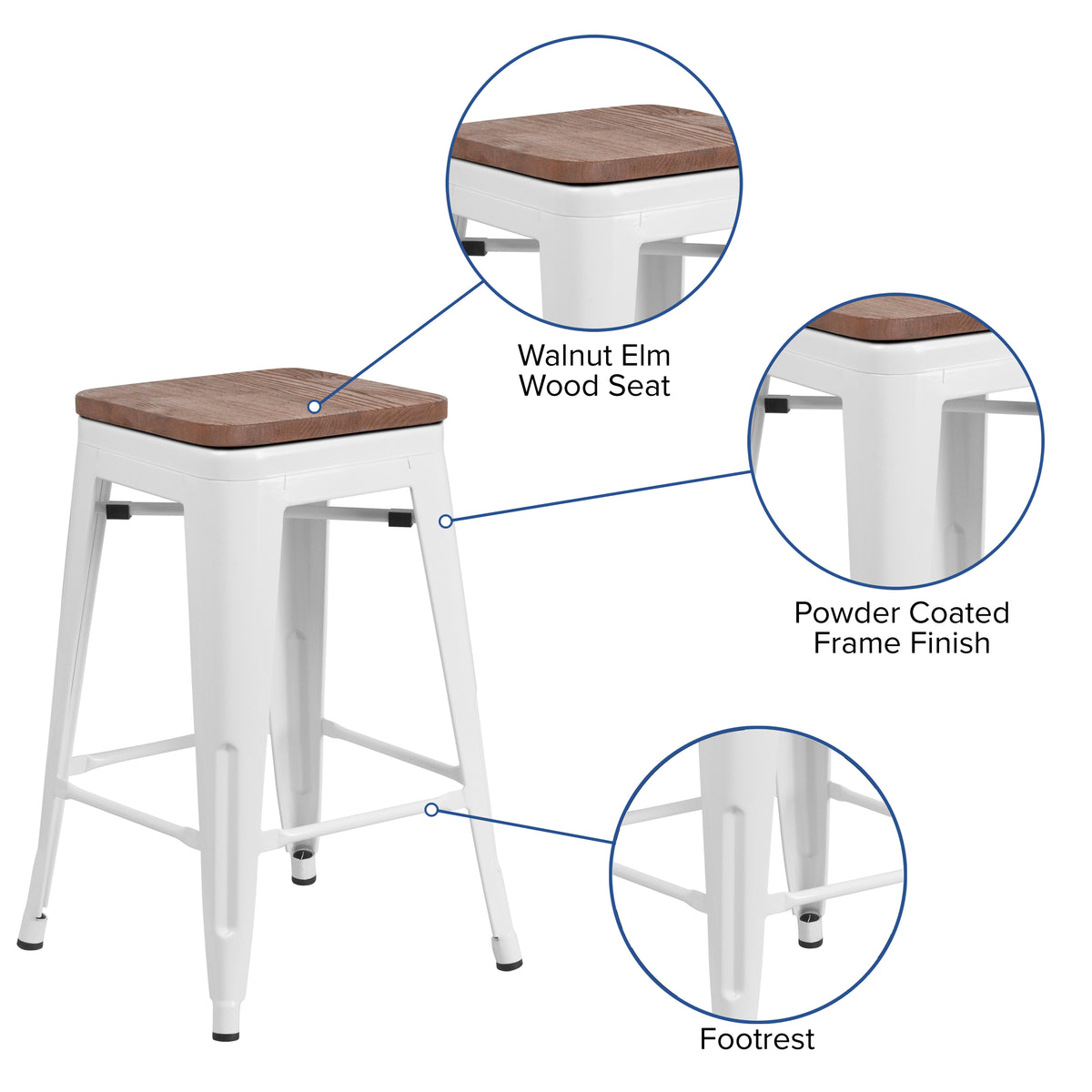 24" High Backless Metal Counter Height Stool with Square Wood Seat