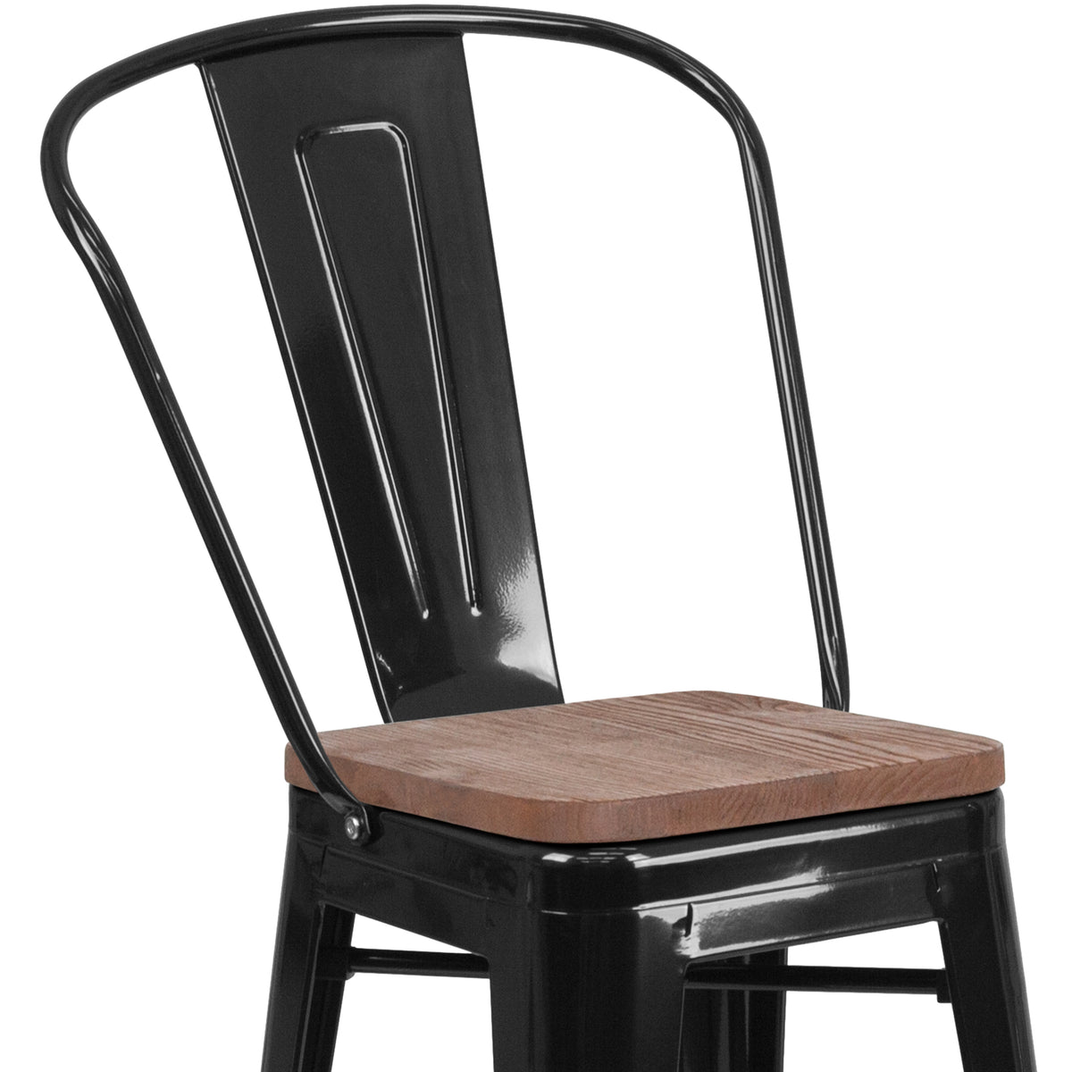 24" High Metal Counter Height Stool with Back and Wood Seat