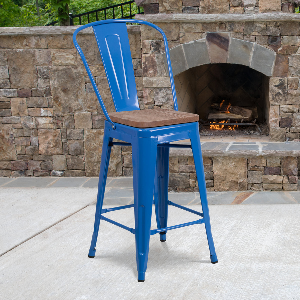 24" High Metal Counter Height Stool with Back and Wood Seat