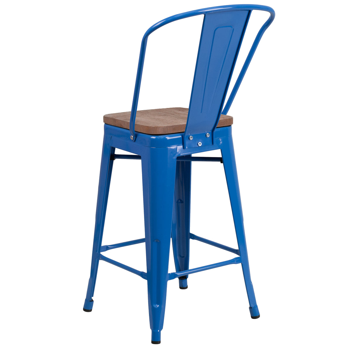 24" High Metal Counter Height Stool with Back and Wood Seat