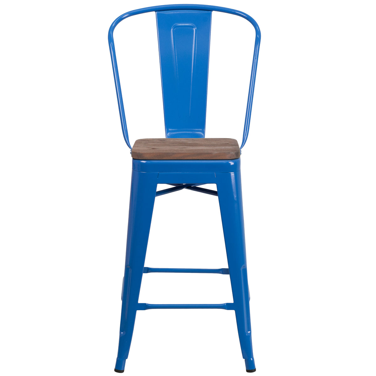 24" High Metal Counter Height Stool with Back and Wood Seat