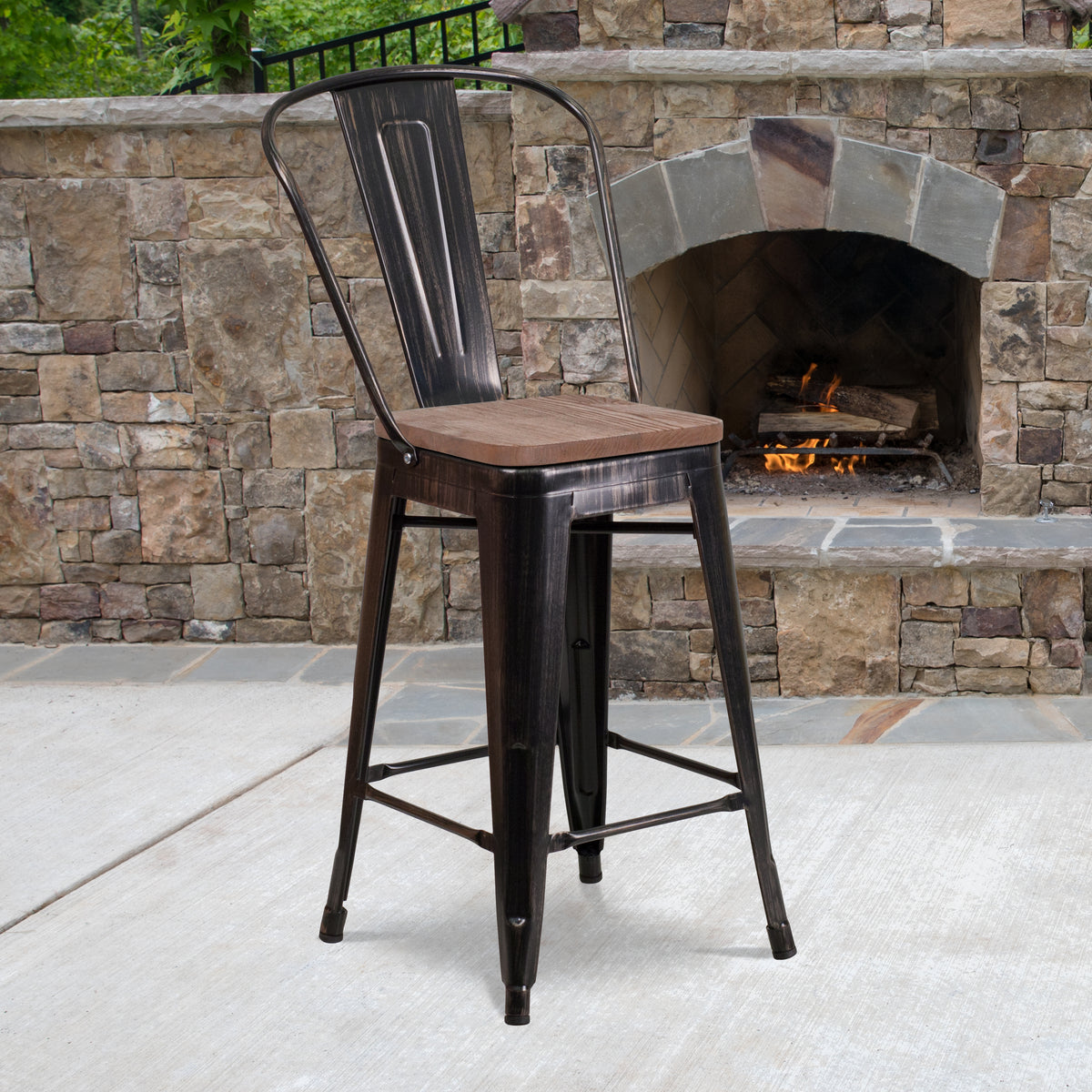 24" High Metal Counter Height Stool with Back and Wood Seat