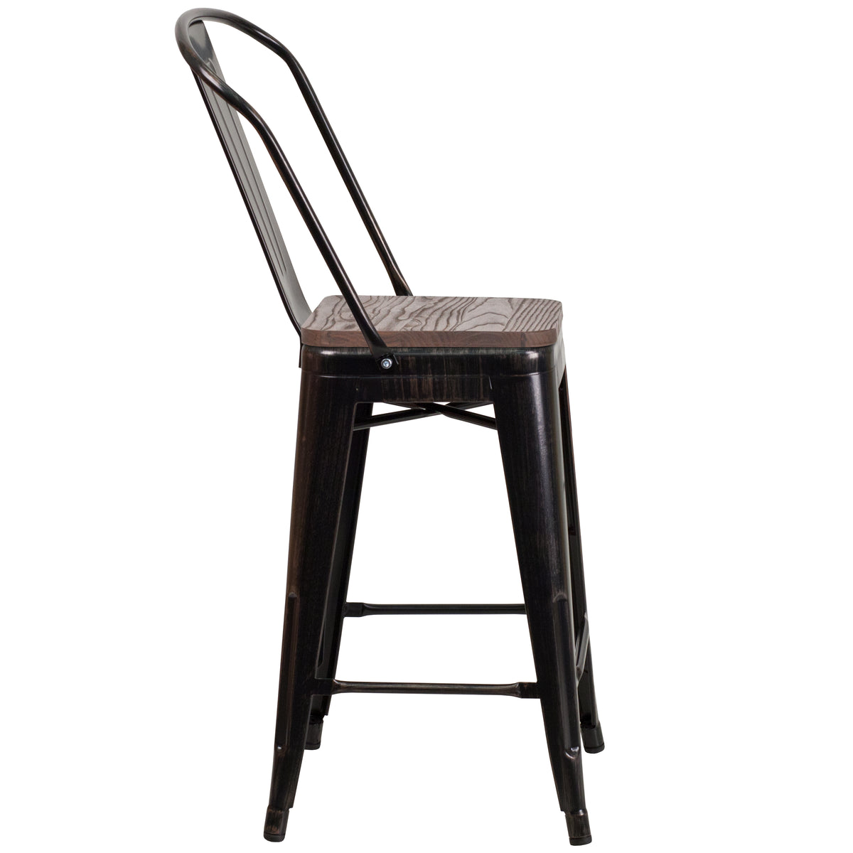 24" High Metal Counter Height Stool with Back and Wood Seat