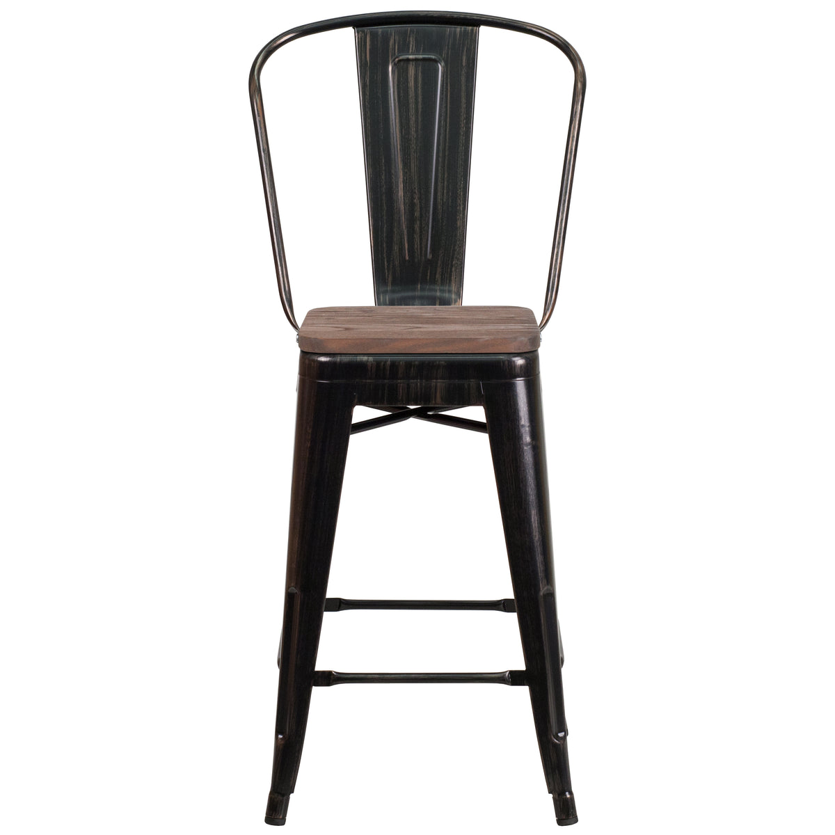 24" High Metal Counter Height Stool with Back and Wood Seat